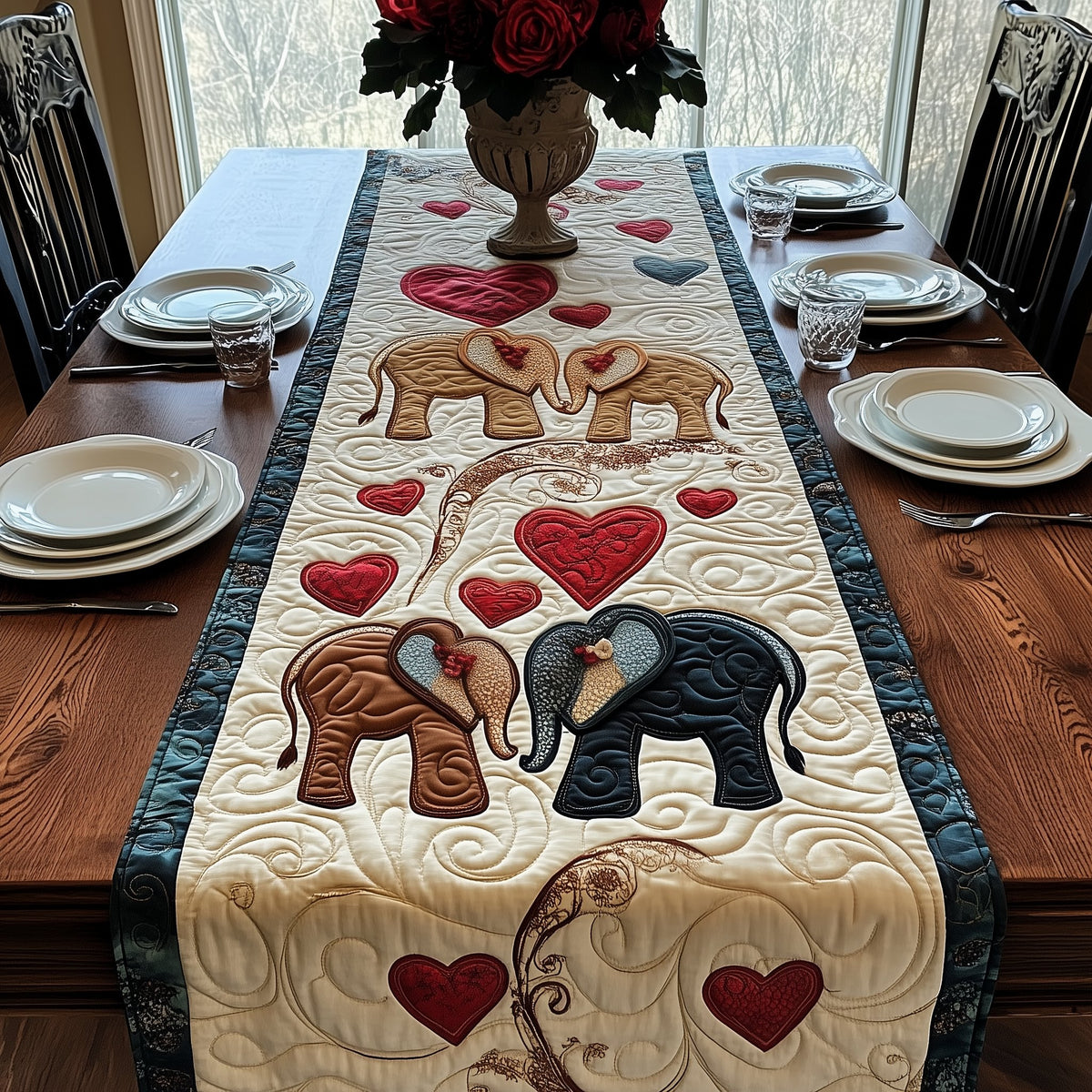 Elephant Pair with Red Hearts Table Runner