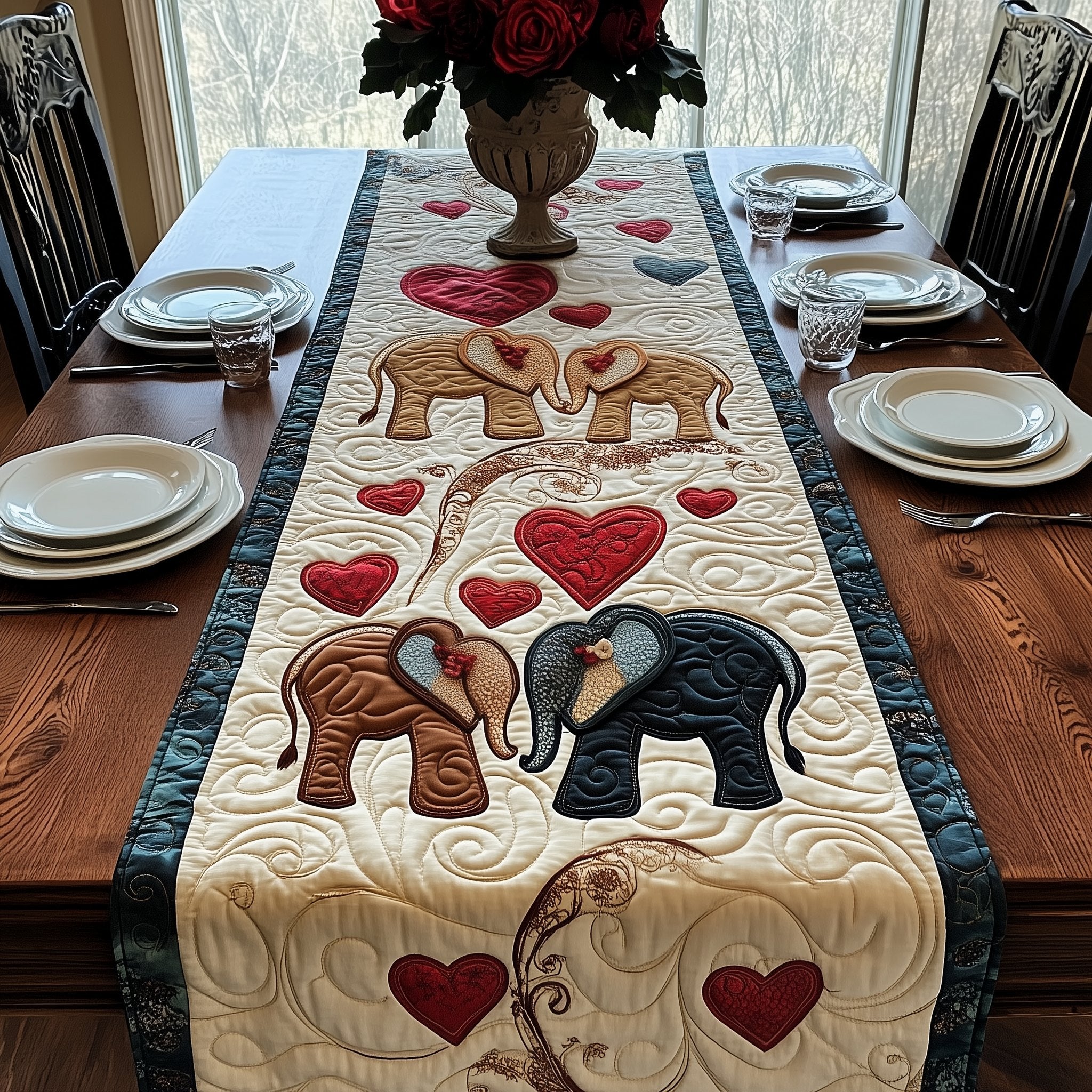 Elephant Pair with Red Hearts Table Runner
