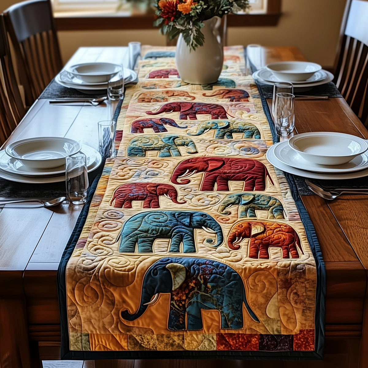 Colorful Elephants in Blocks Table Runner