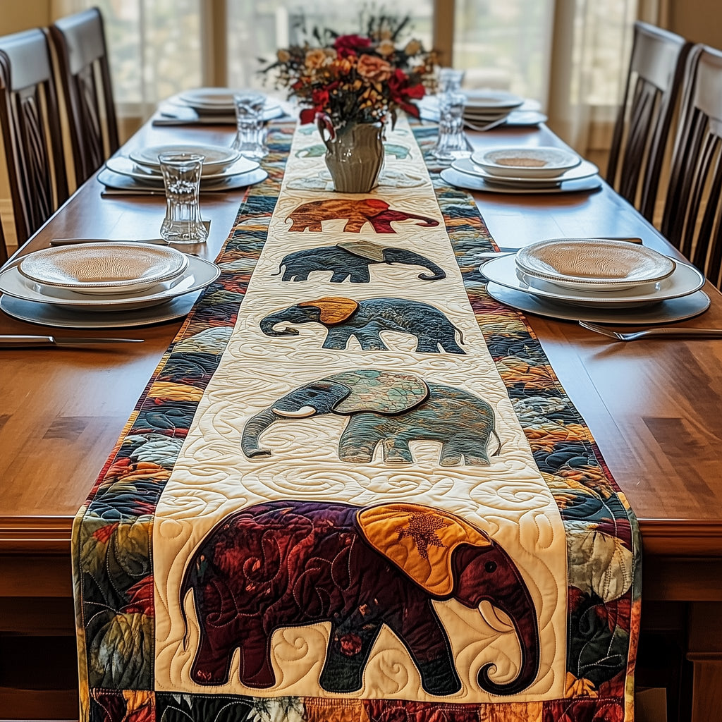 Elephants on Cream and Red Panels Table Runner