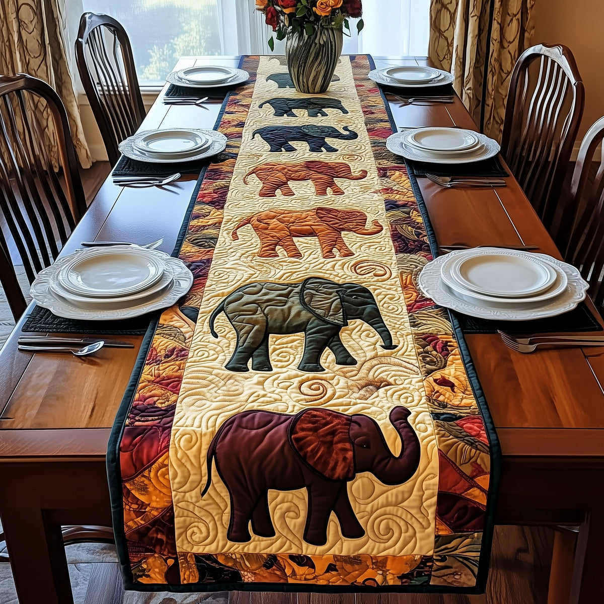 Elephants on Golden Swirls Table Runner