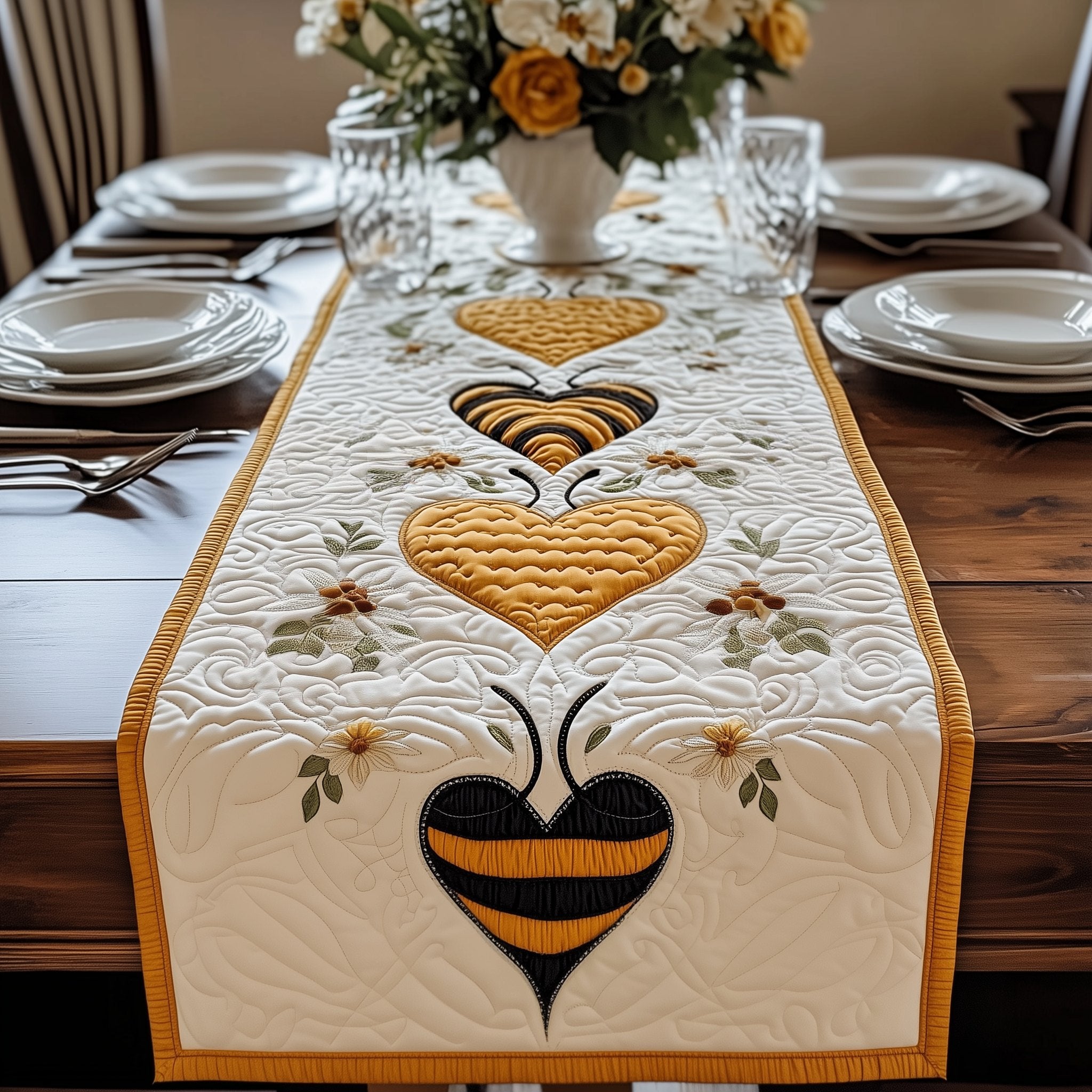 Bee Heart on Cream Table Runner
