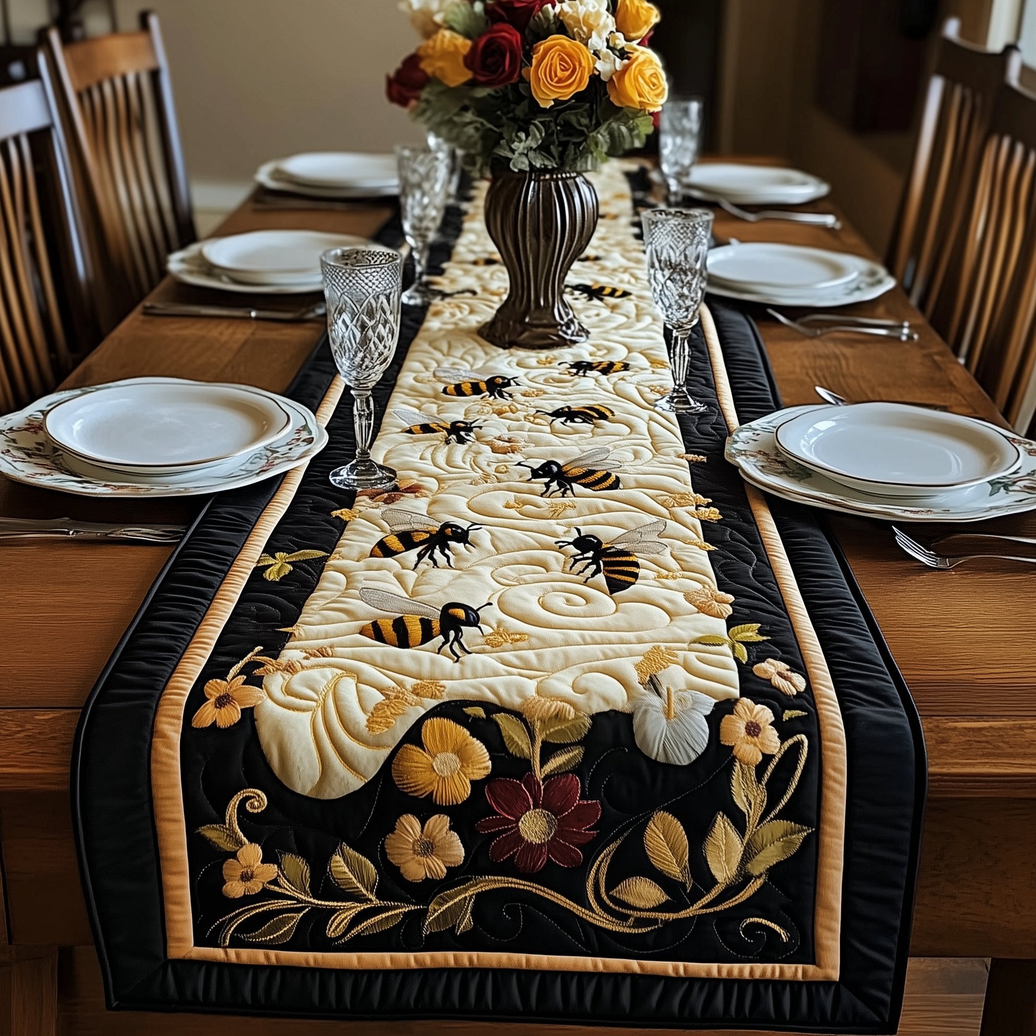Bees with Flowers on Black Table Runner
