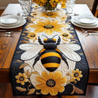 Big Bee with Sunflowers on Blue Table Runner