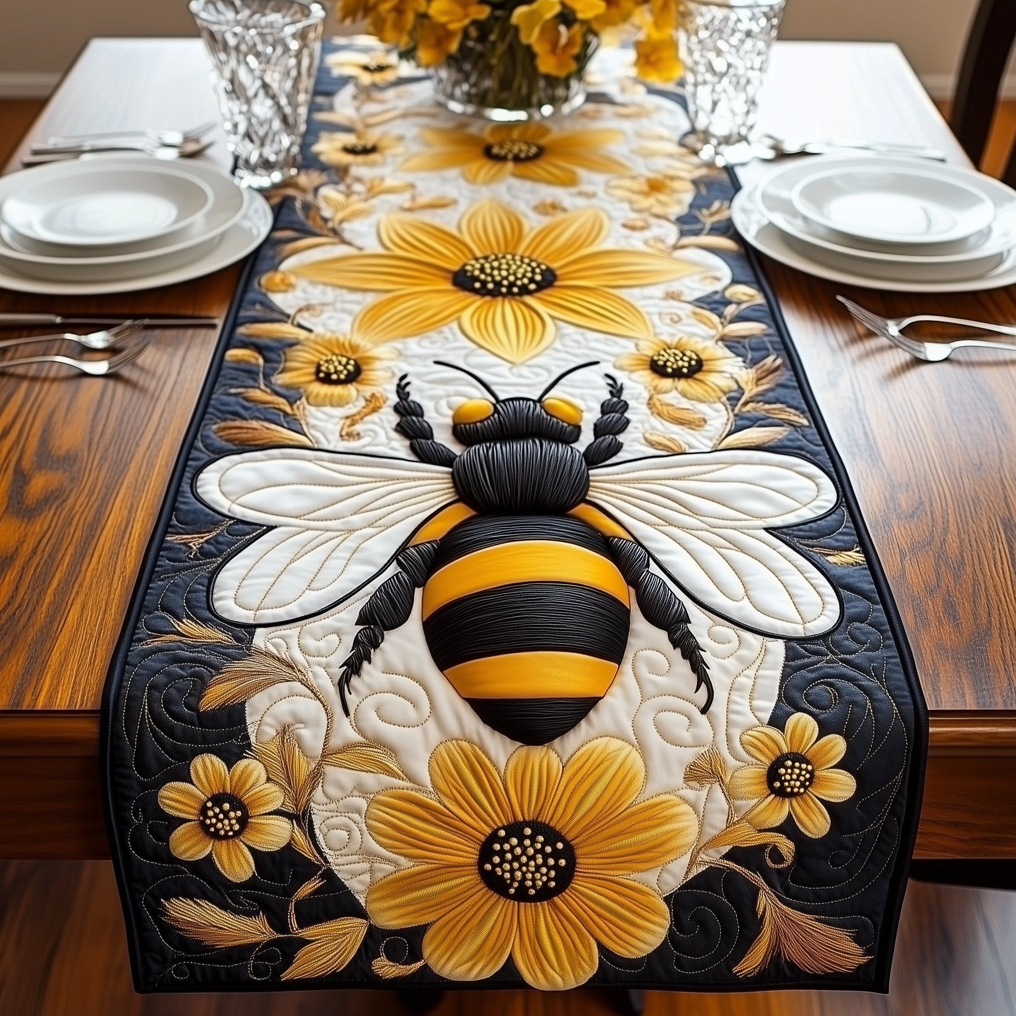 Big Bee with Sunflowers on Blue Table Runner