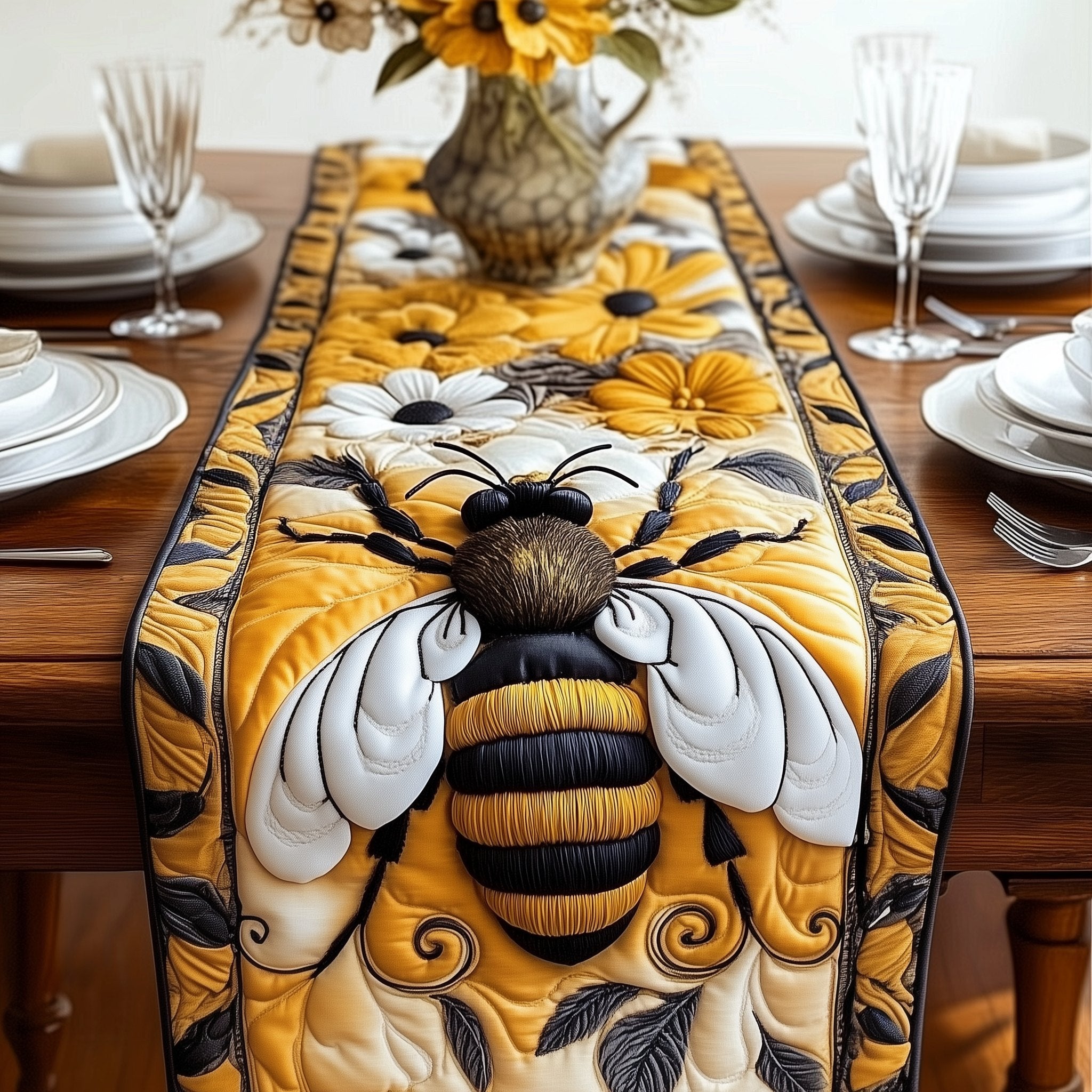 Bee on Yellow Swirls Table Runner