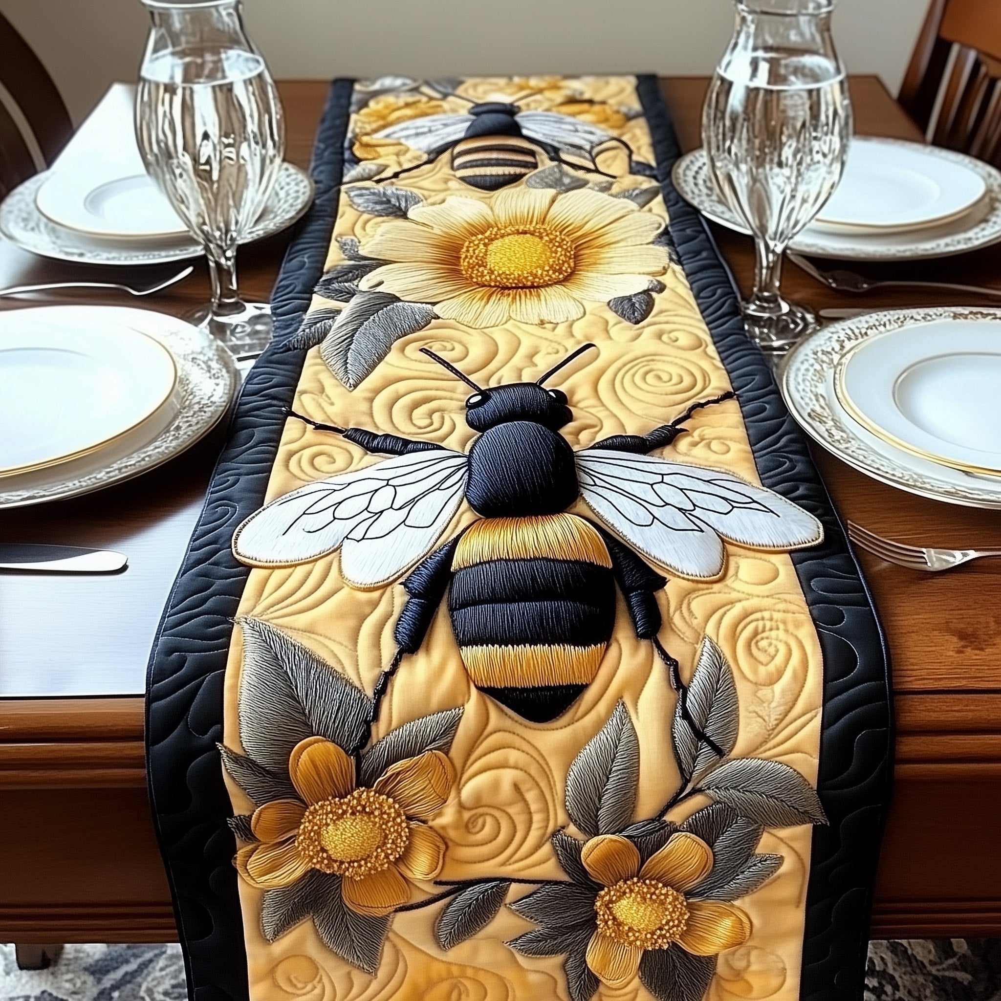 Bee with Pale Blooms on Gold Table Runner