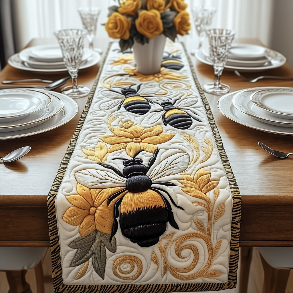 Bees on Cream with Gold Swirls Table Runner