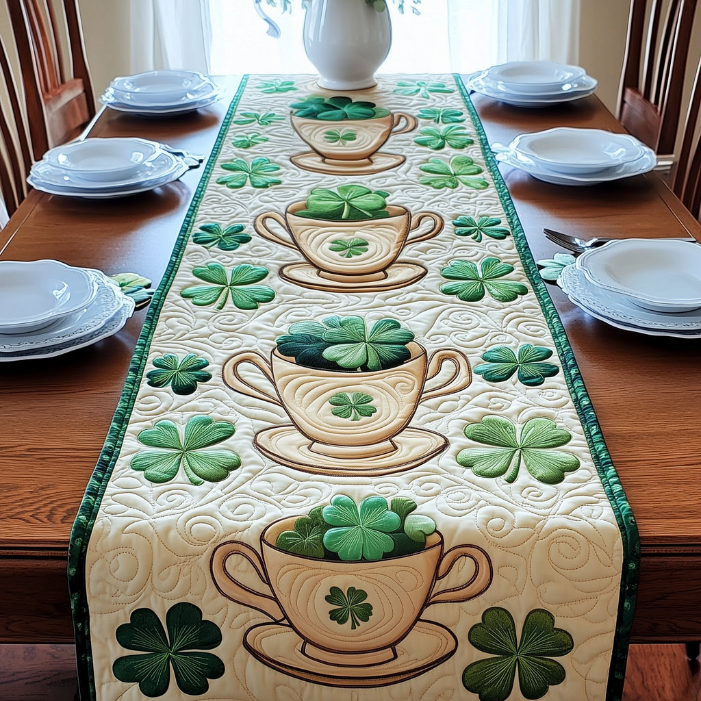 Teacups with Shamrocks on Cream Table Runner