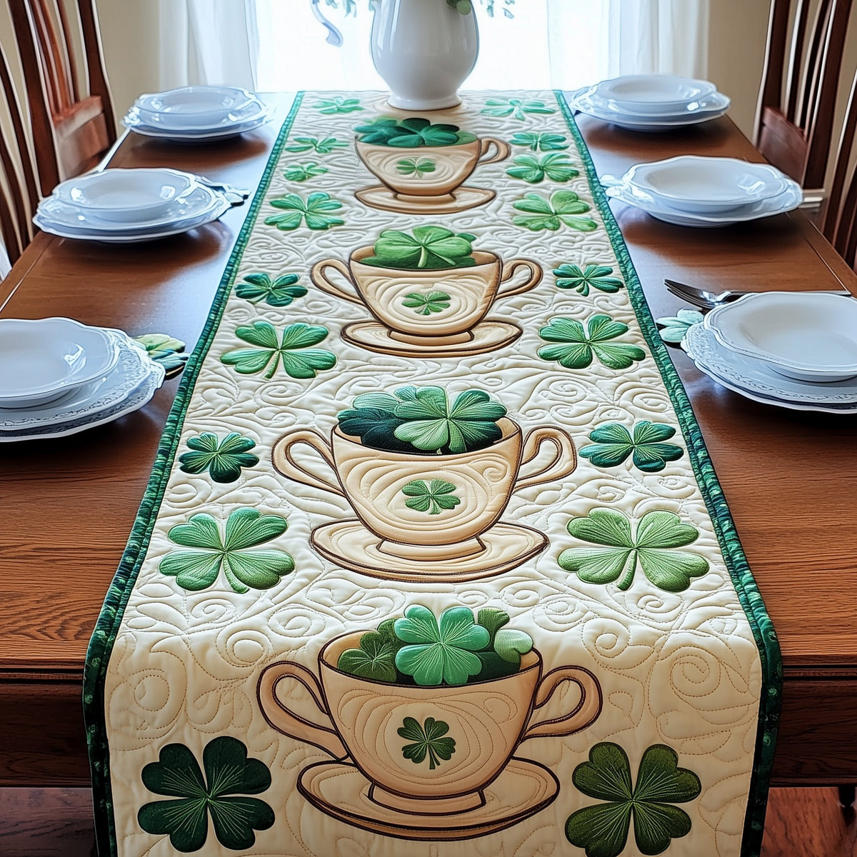 Teacups with Shamrocks on Cream Table Runner