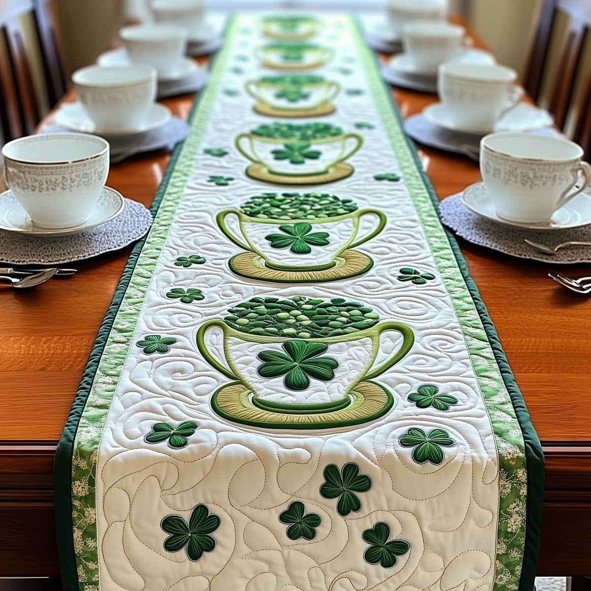 Green Teacups with Shamrocks Table Runner