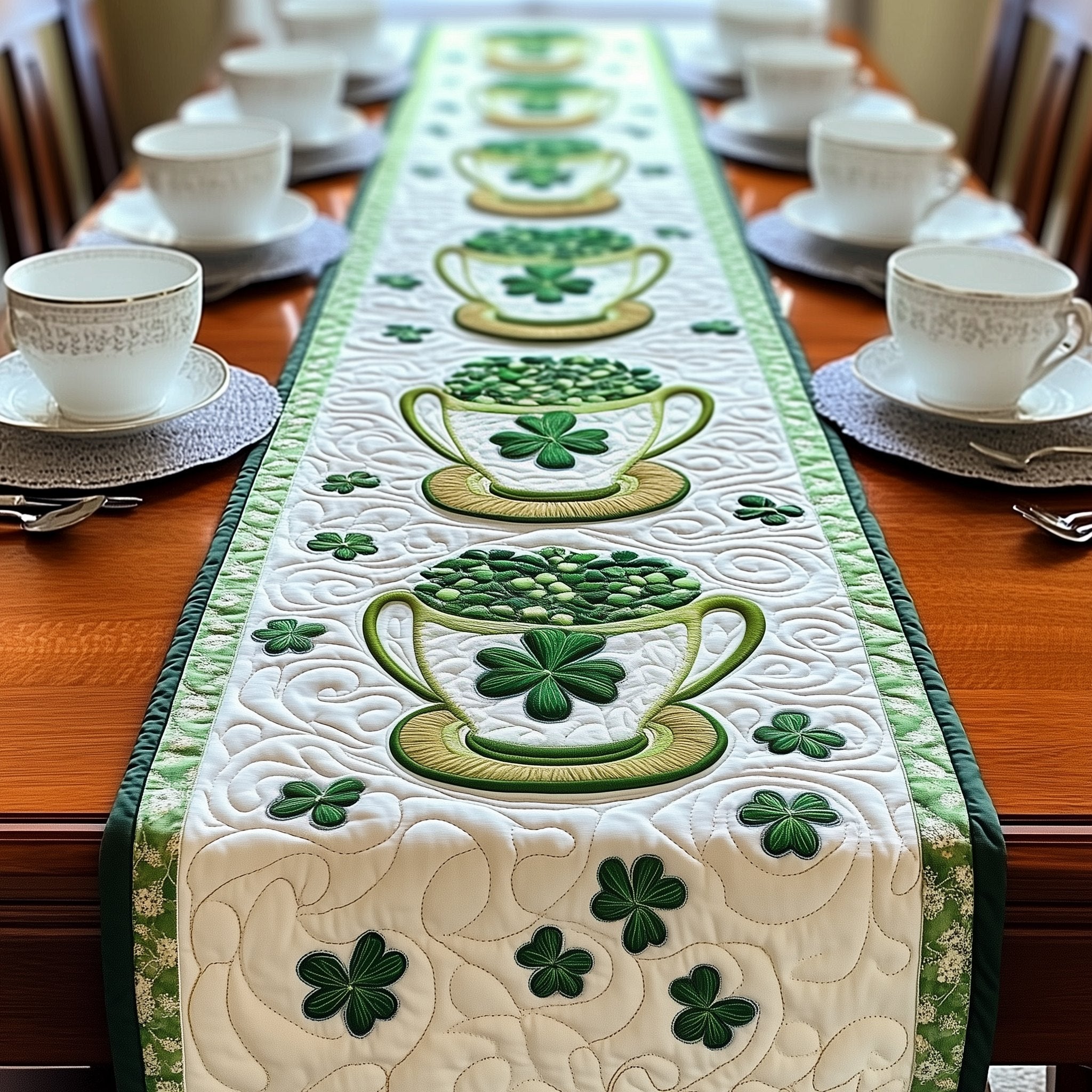 Green Teacups with Shamrocks Table Runner
