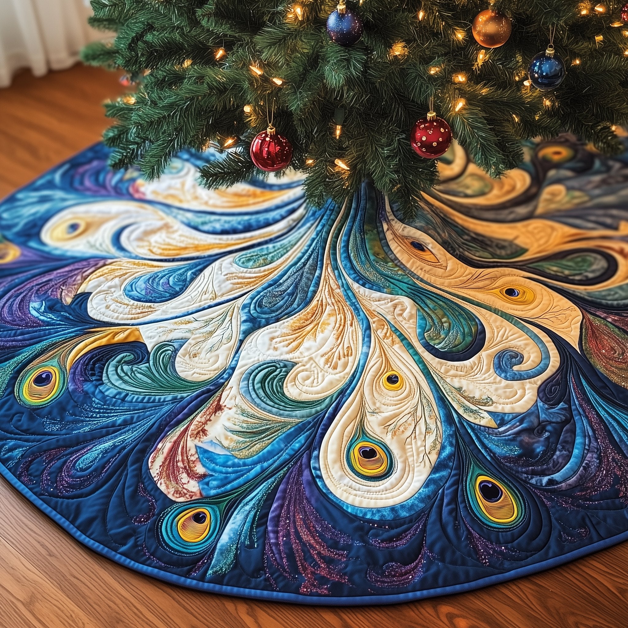 Peacock Feathers in Blue and Gold Christmas Tree Skirt