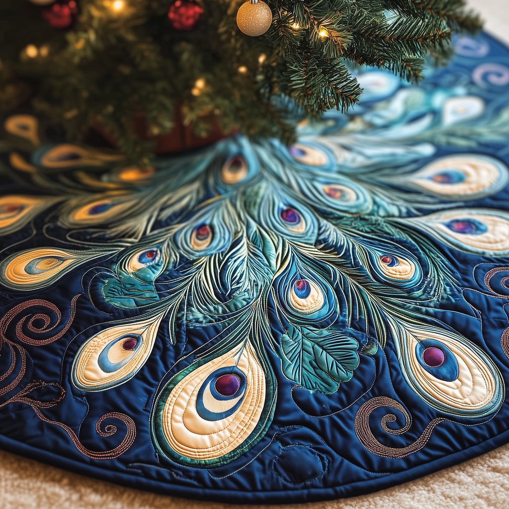 Teal Peacock Plumes Christmas Tree Skirt