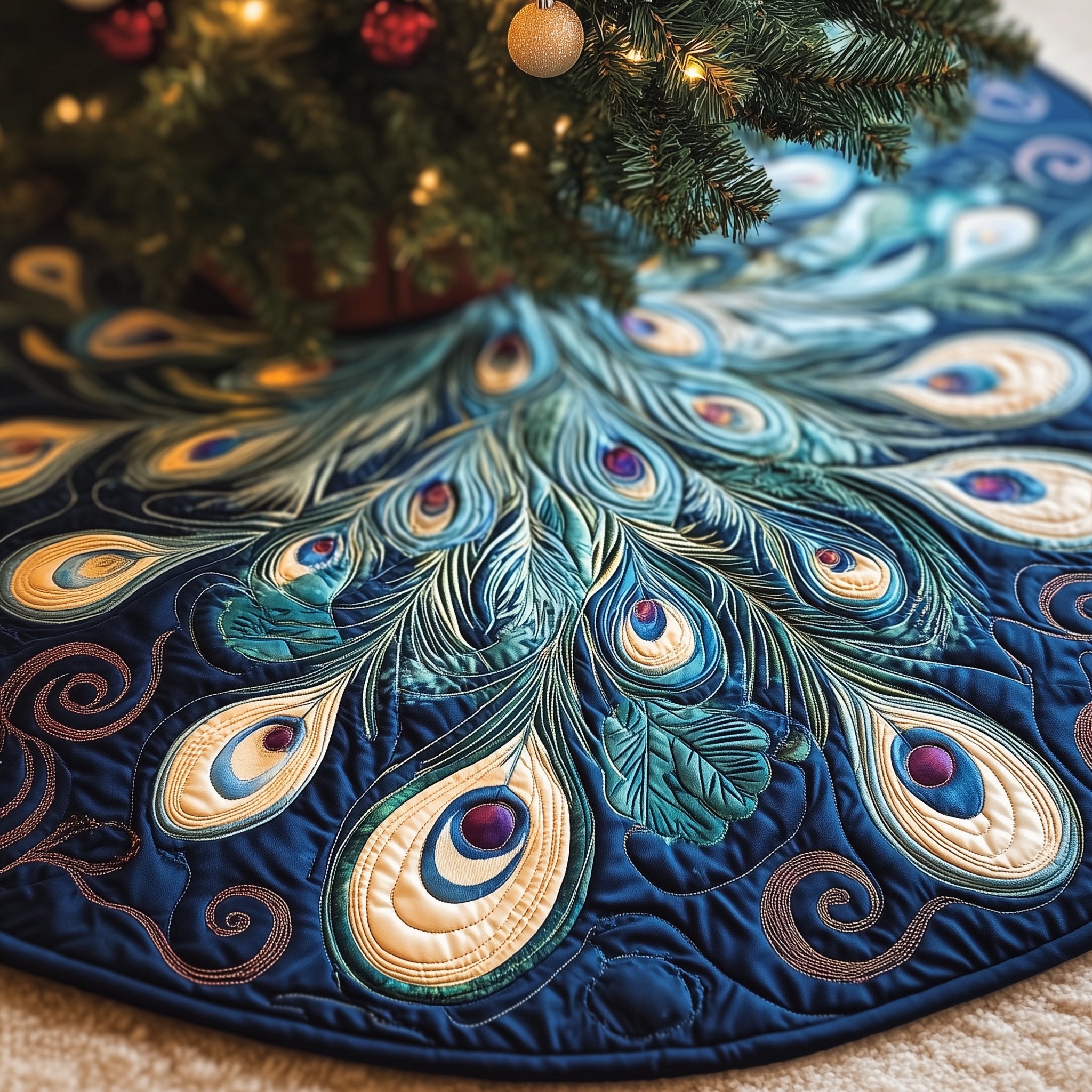 Teal Peacock Plumes Christmas Tree Skirt