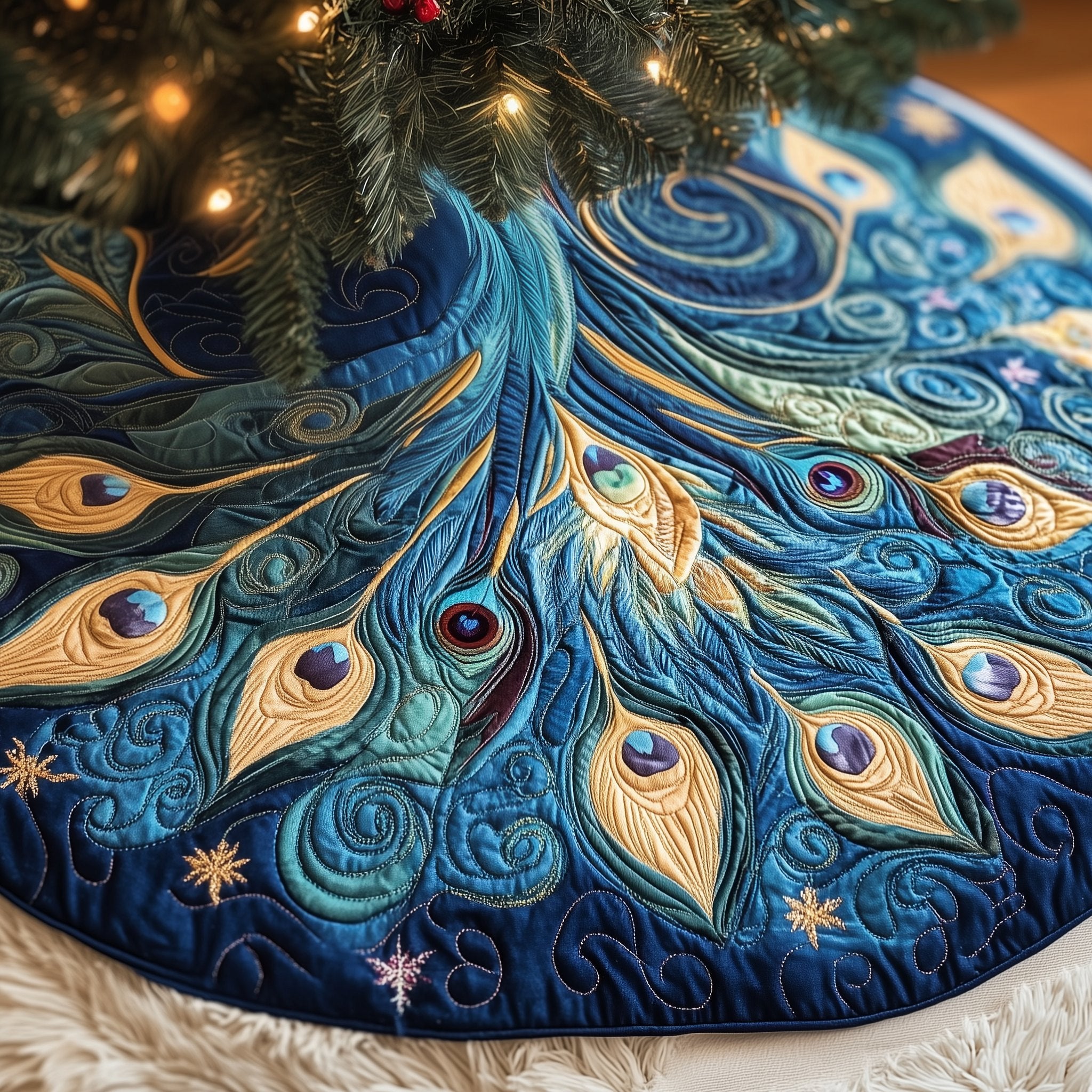 Blue Peacock Plumes with Snowflakes Christmas Tree Skirt