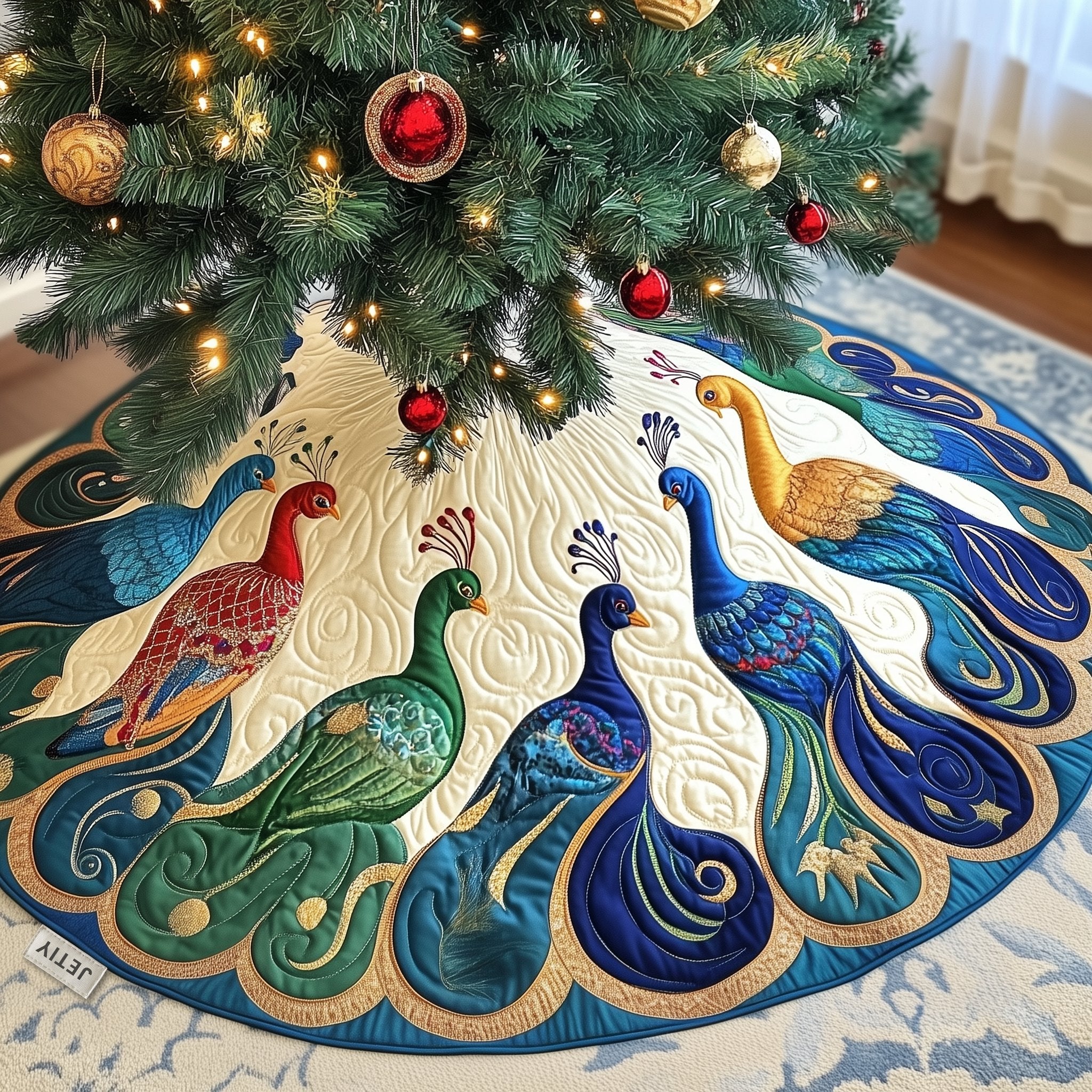 Peacocks in Green and Crimson Christmas Tree Skirt