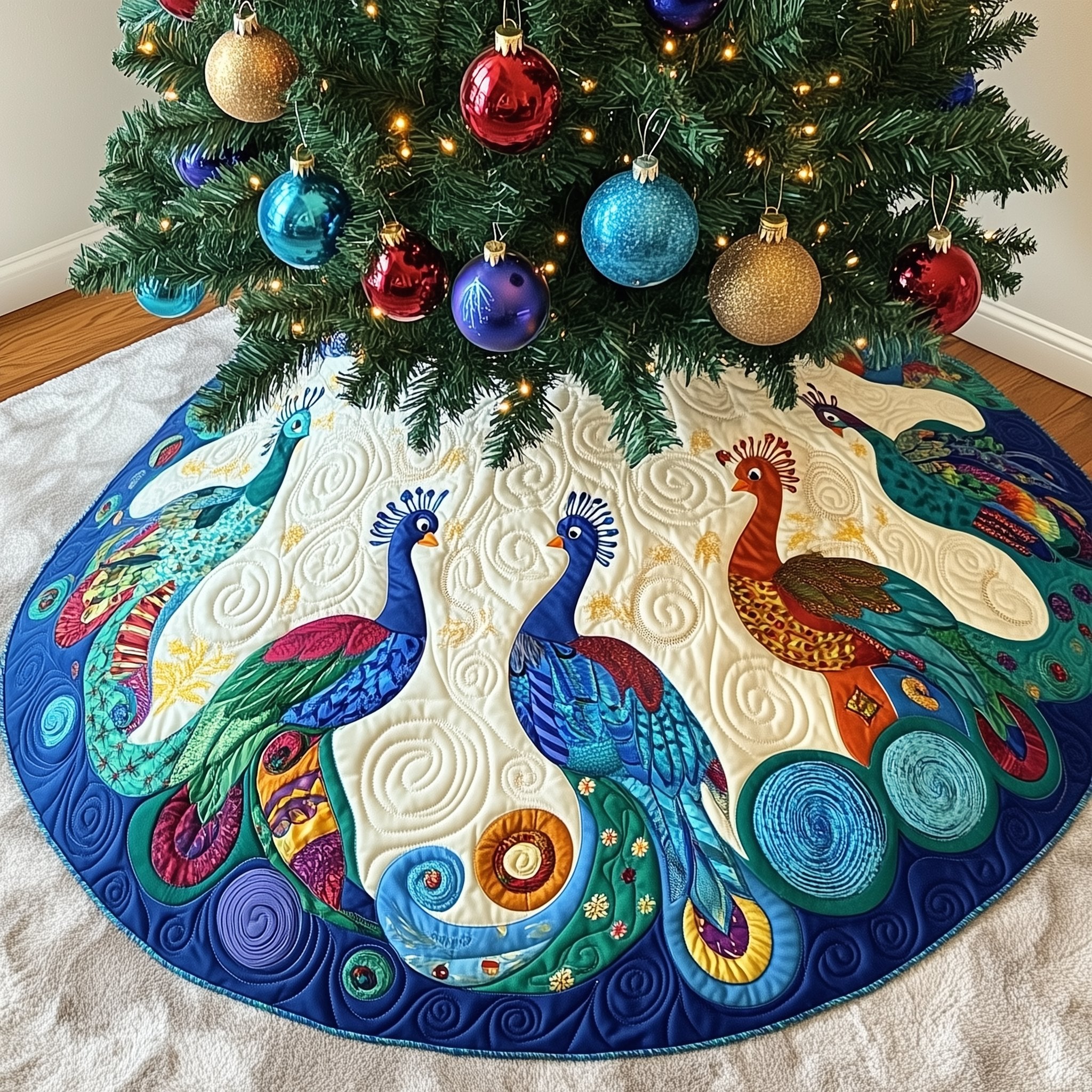 Vivid Peacocks on Teal Swirls Christmas Tree Skirt