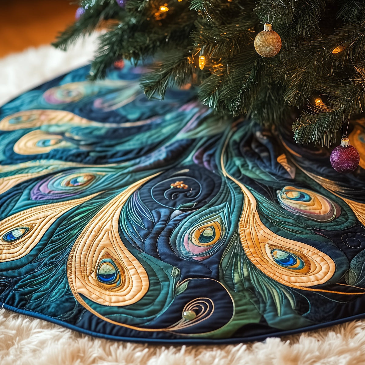 Swirling Teal and Gold Feathers Christmas Tree Skirt