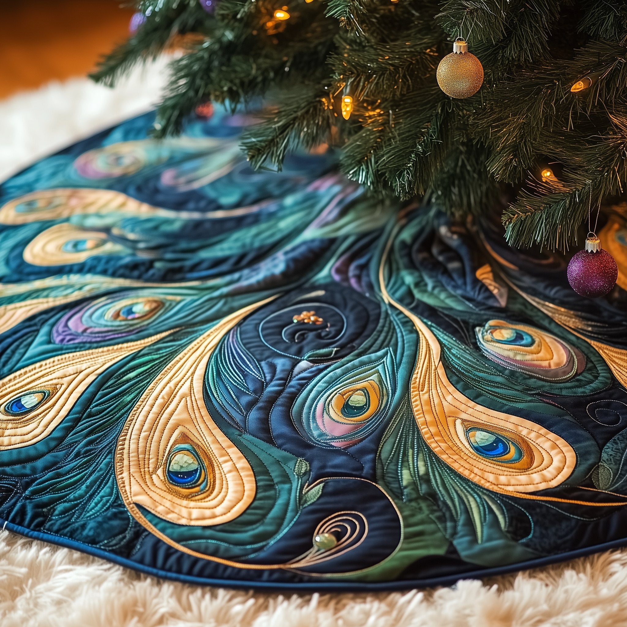 Swirling Teal and Gold Feathers Christmas Tree Skirt