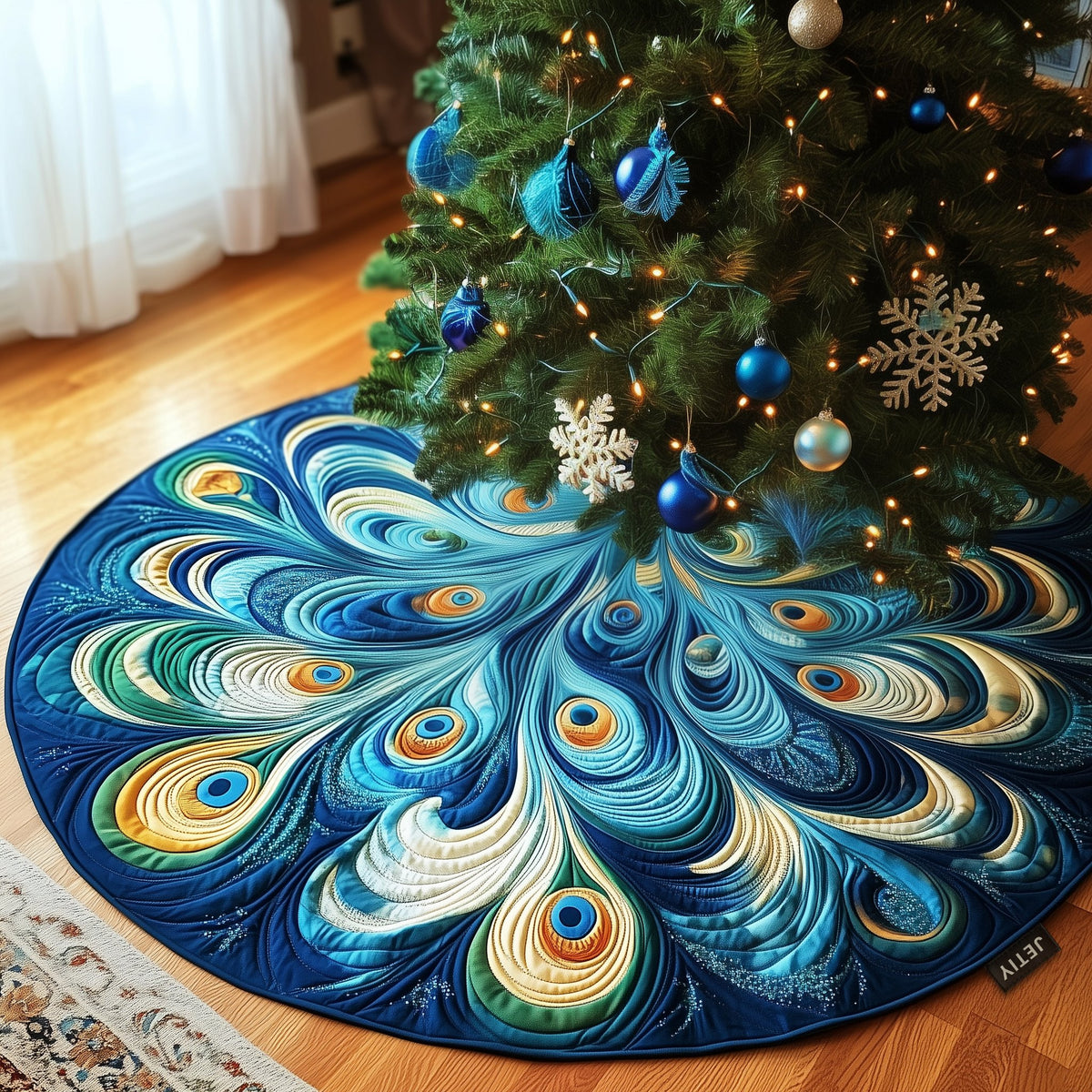 Blue Peacock Fan on Deep Blue Christmas Tree Skirt