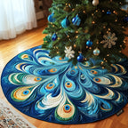 Blue Peacock Fan on Deep Blue Christmas Tree Skirt