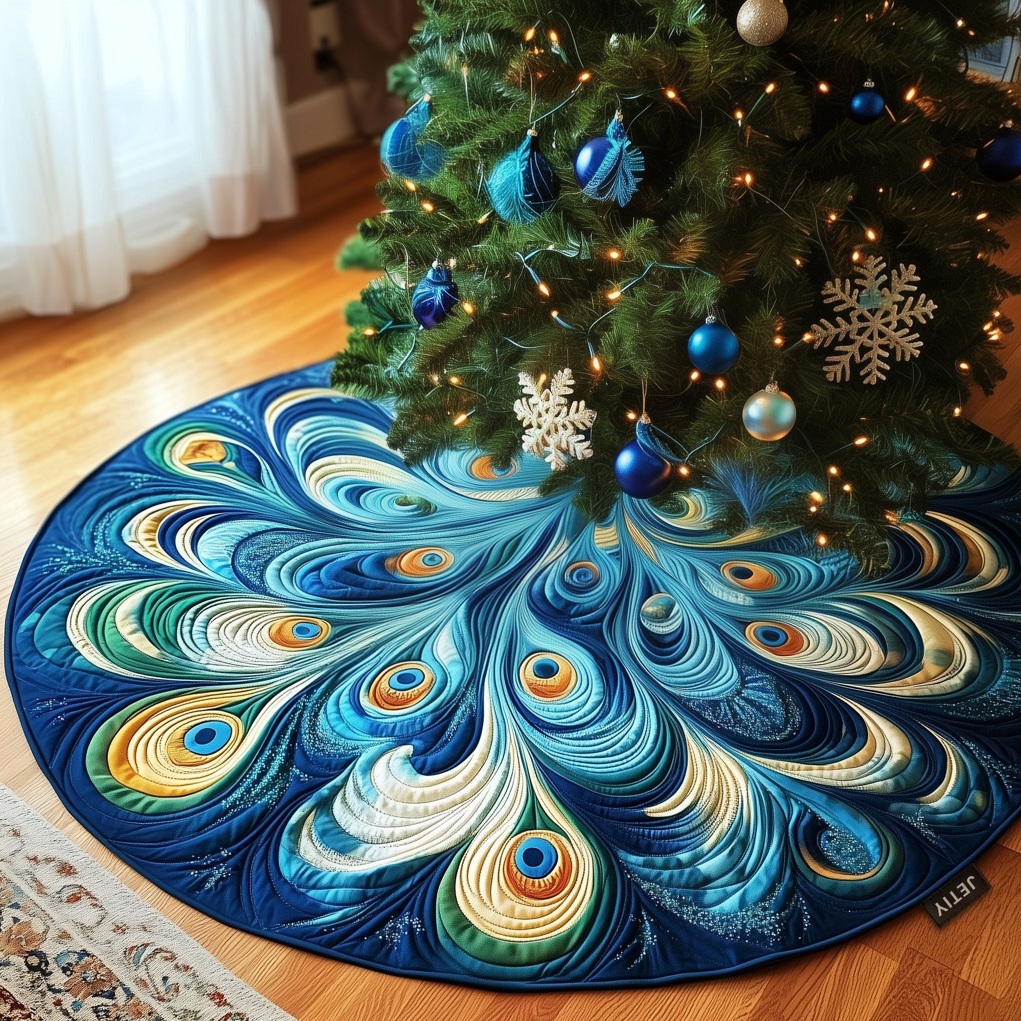 Blue Peacock Fan on Deep Blue Christmas Tree Skirt
