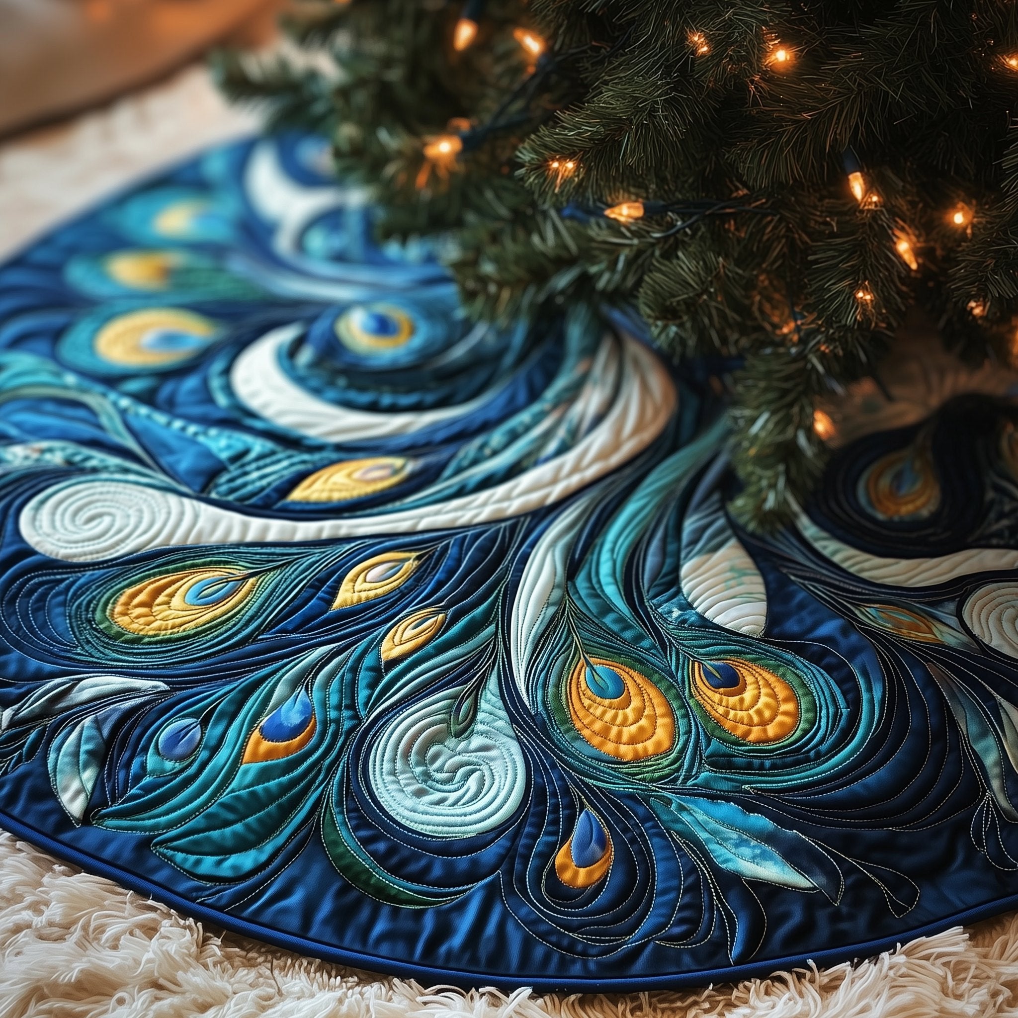 Sapphire and Gold Feather Swirls Christmas Tree Skirt