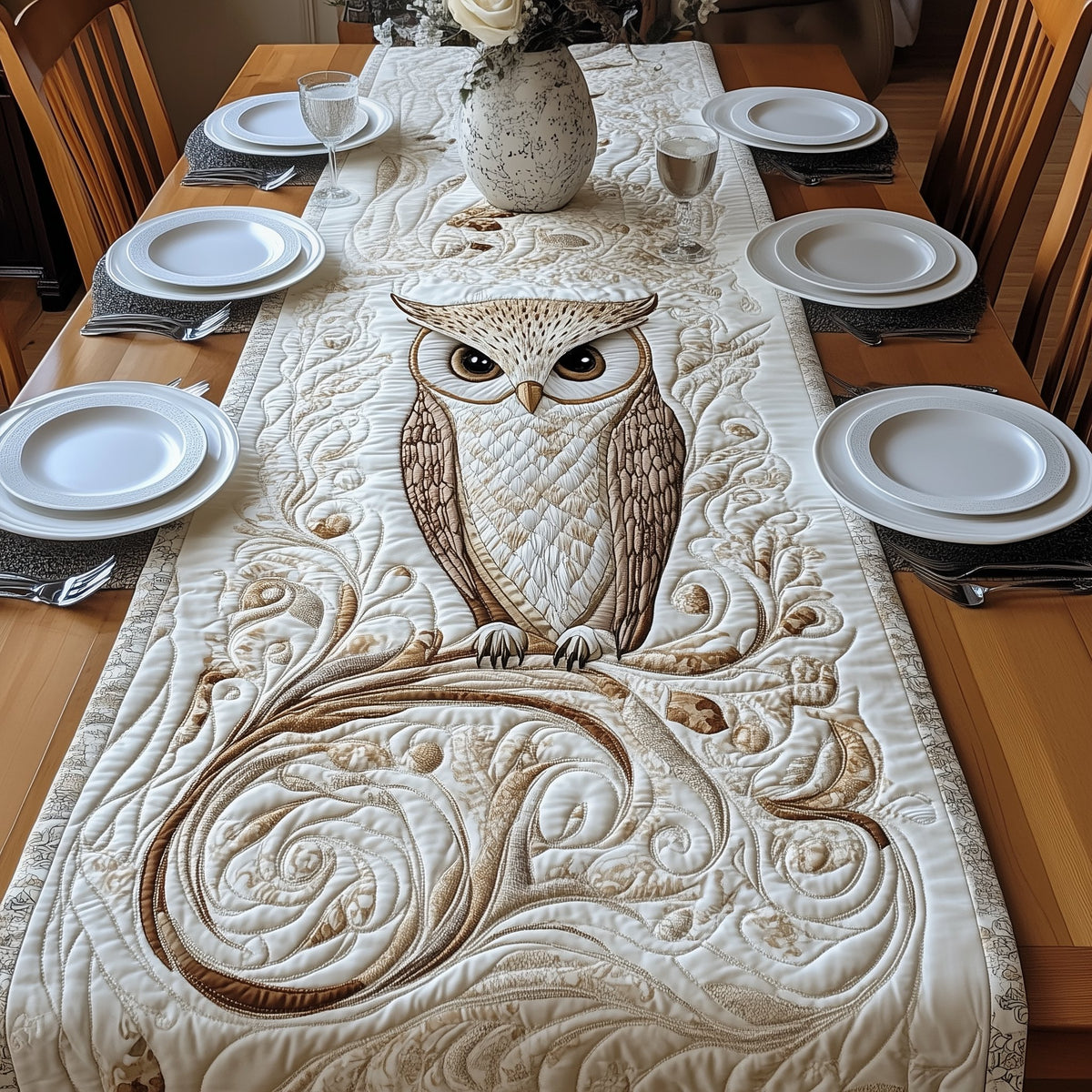 White Owl Above Quilted Swirls Table Runner