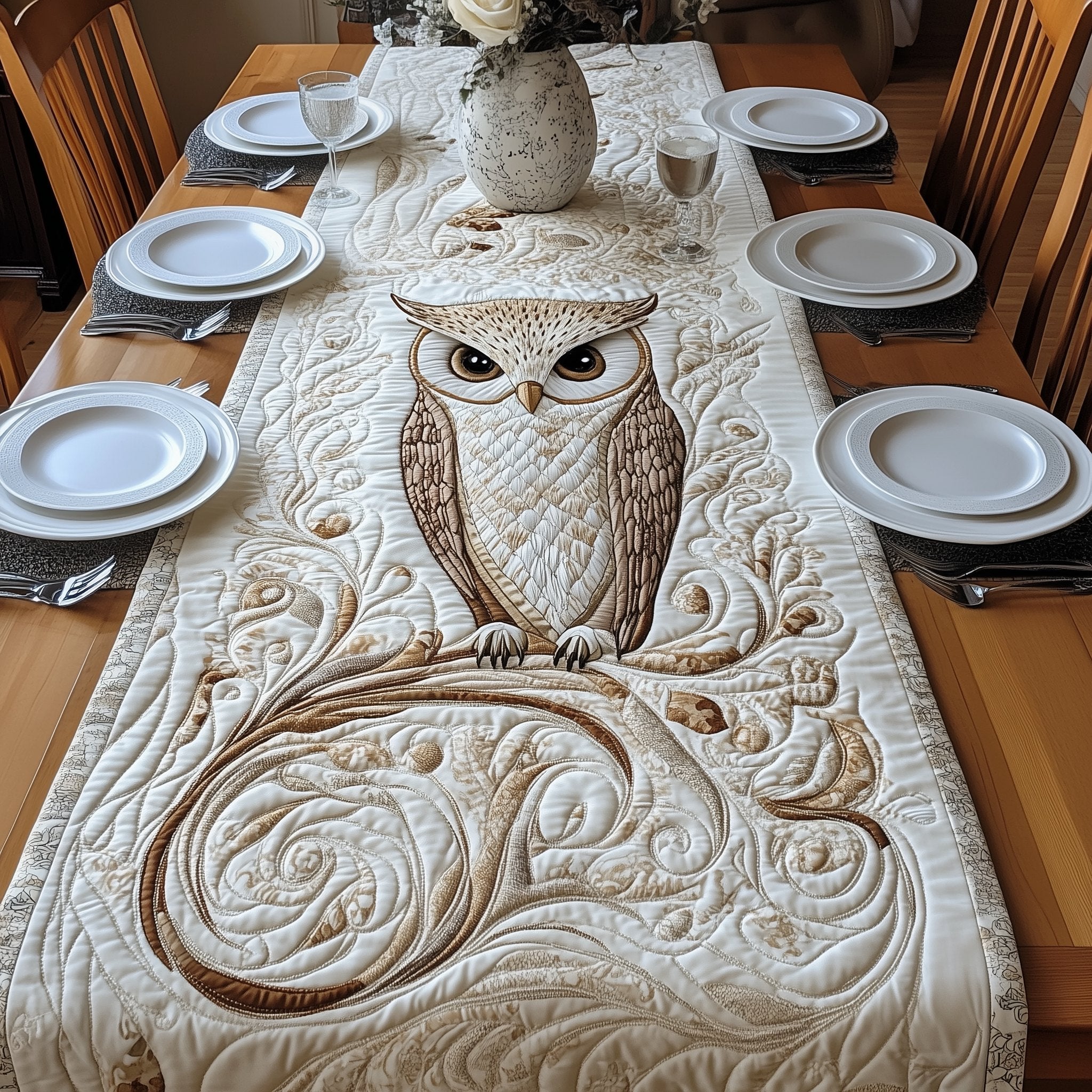 White Owl Above Quilted Swirls Table Runner