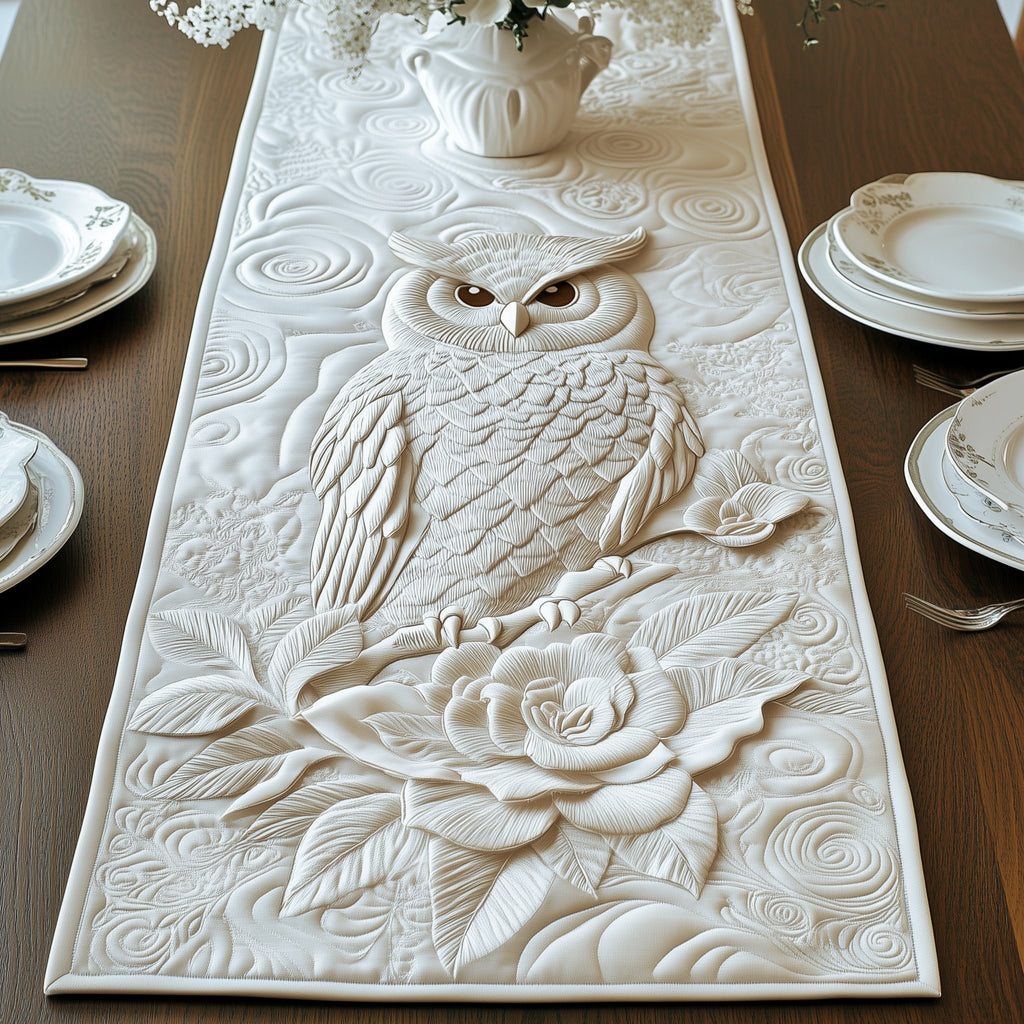 White Owl with a White Rose Table Runner