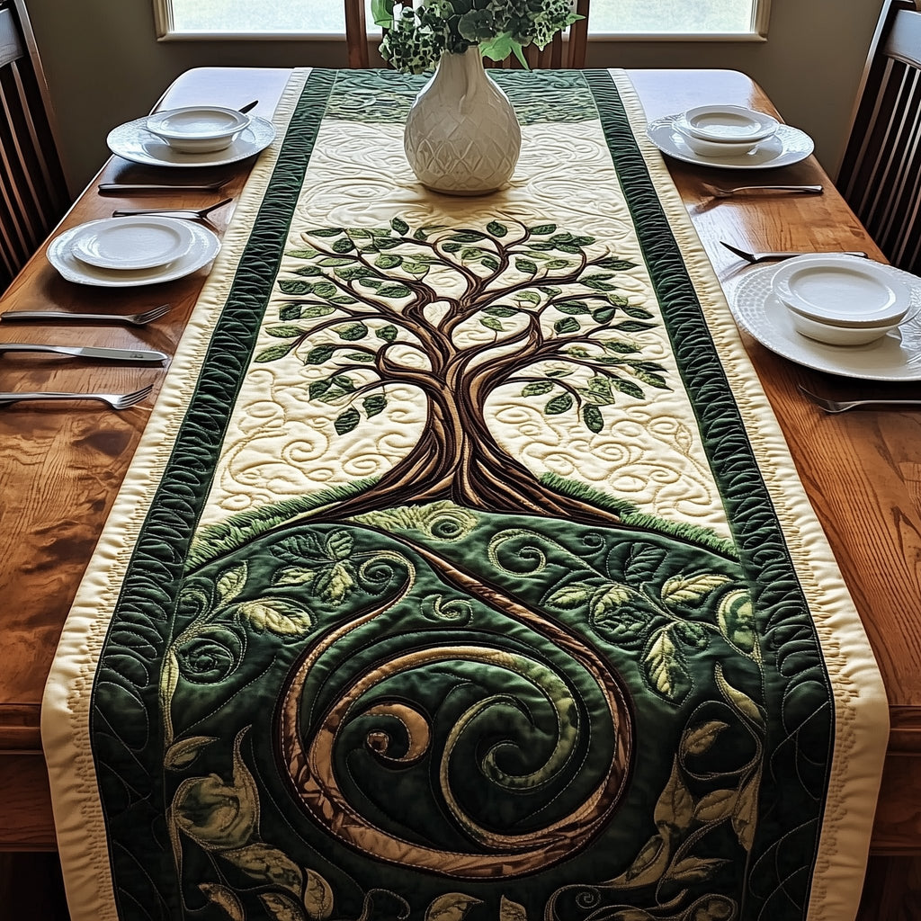 Tree of Life on Dark Green Swirls Table Runner