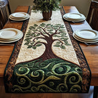 White Tree on Green Swirls Table Runner