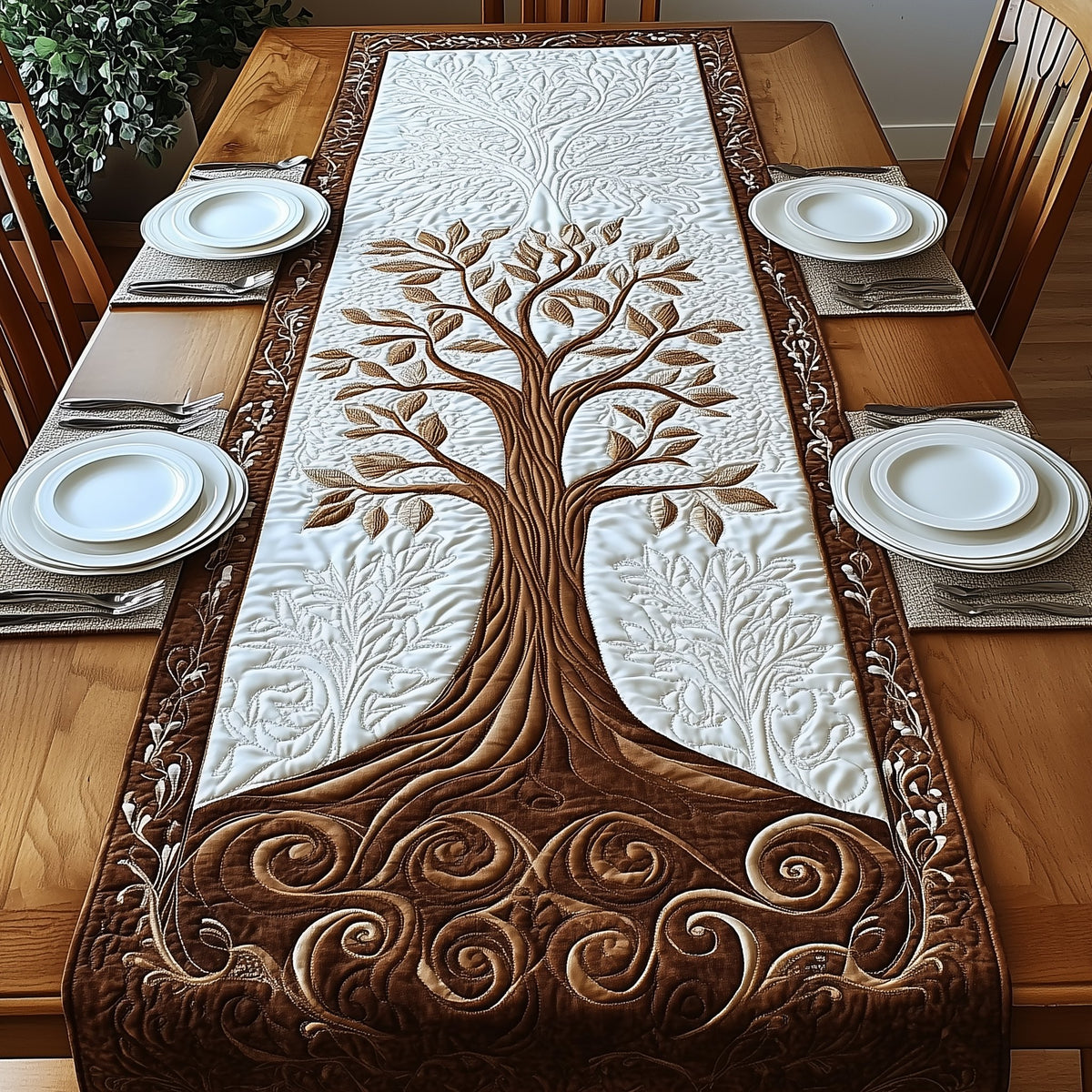 Cream Tree on Brown Panel Table Runner