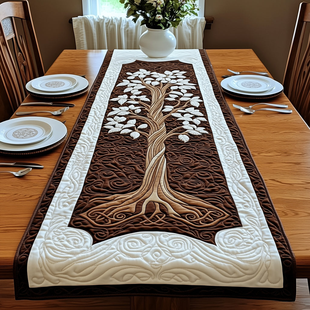 White Tree on Brown with Celtic Border Table Runner