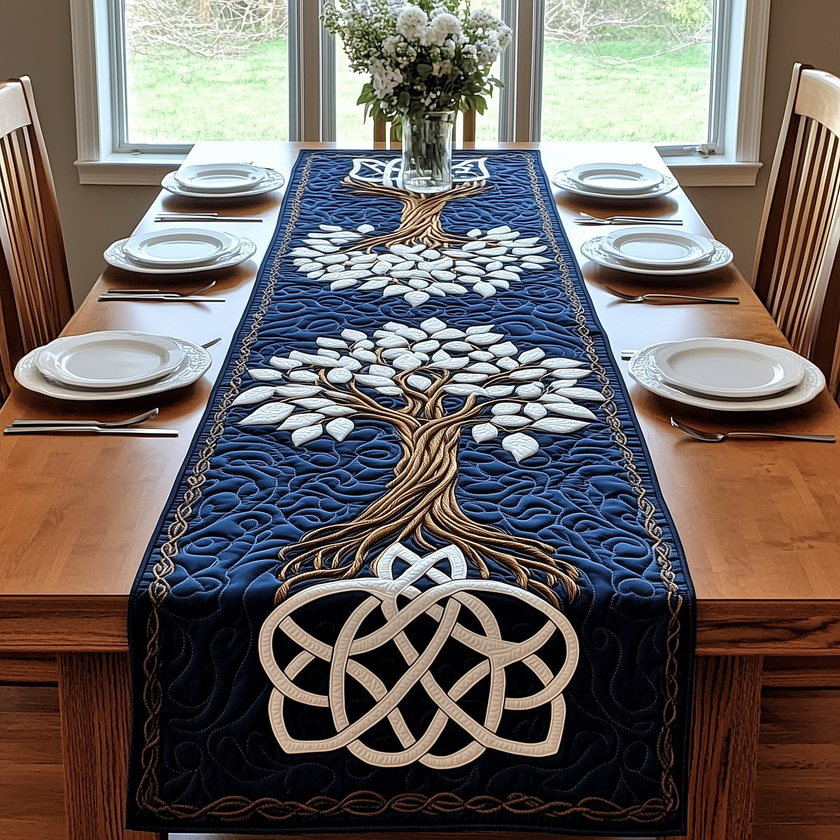 White Tree with Celtic Knot on Navy Table Runner