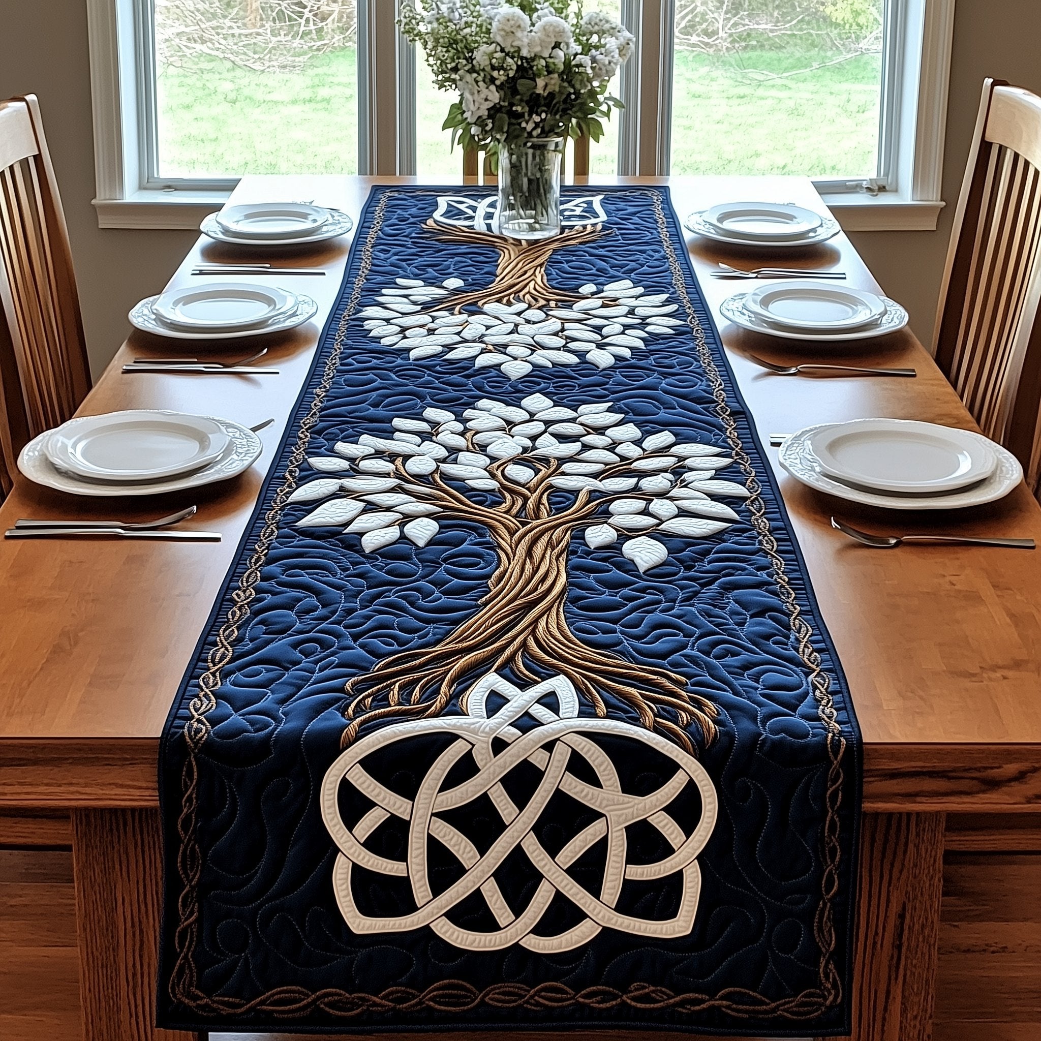 White Tree with Celtic Knot on Navy Table Runner