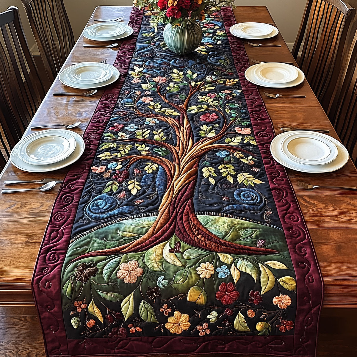 Tree of Life with Flowers on Dark Table Runner