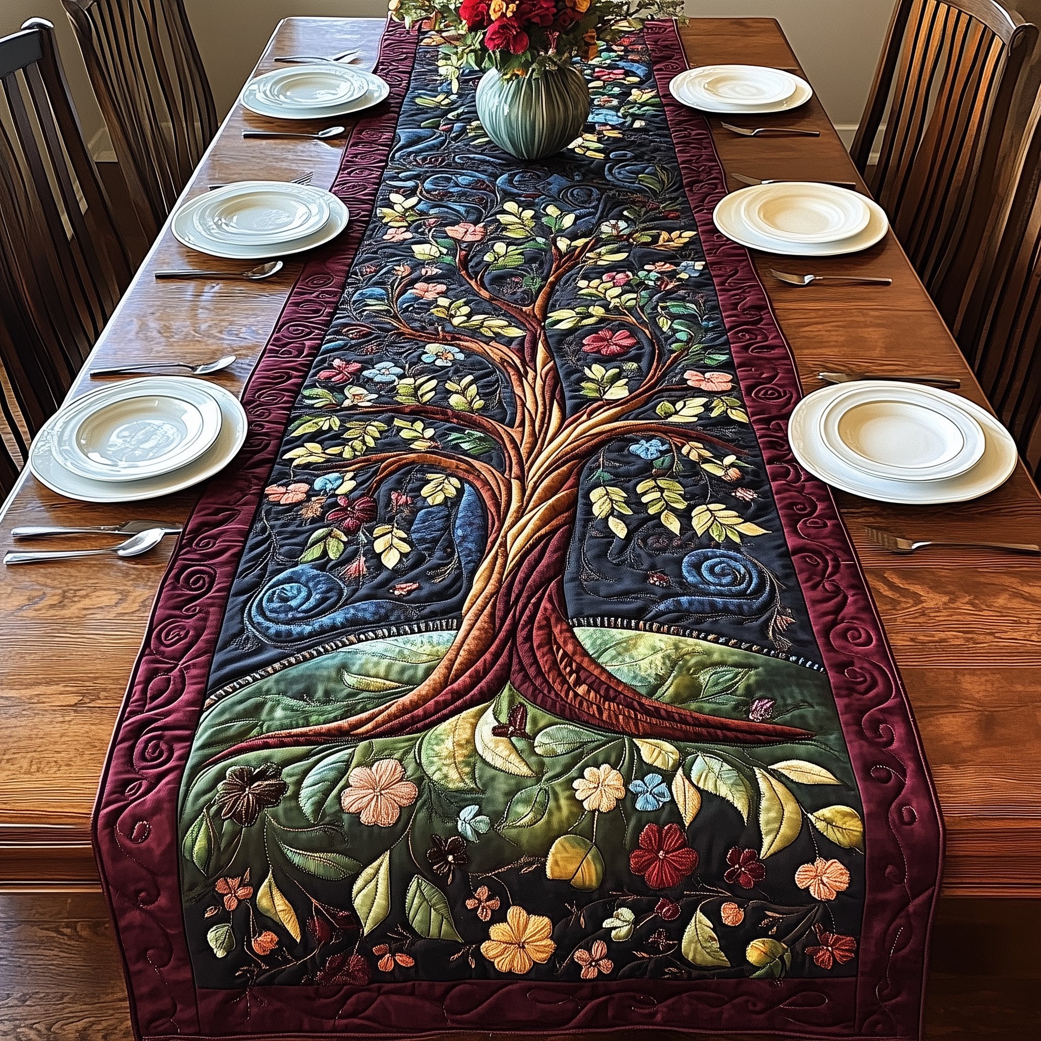 Tree of Life with Flowers on Dark Table Runner