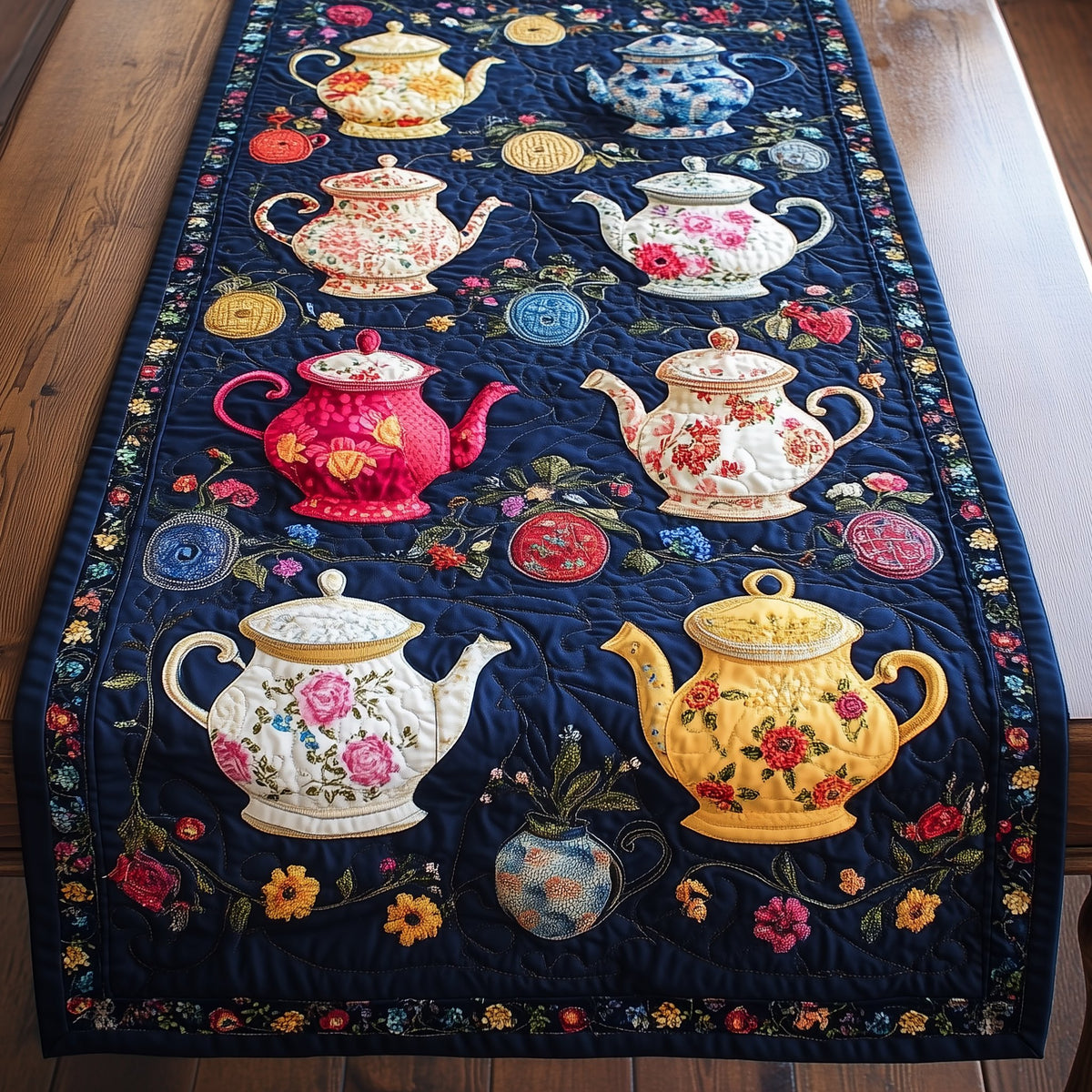 Floral Teapots on Navy Table Runner