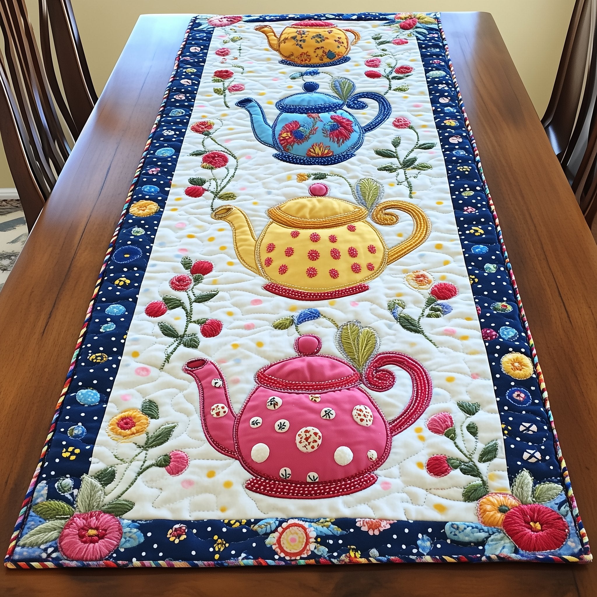 Pink and Yellow Teapots on Cream Table Runner
