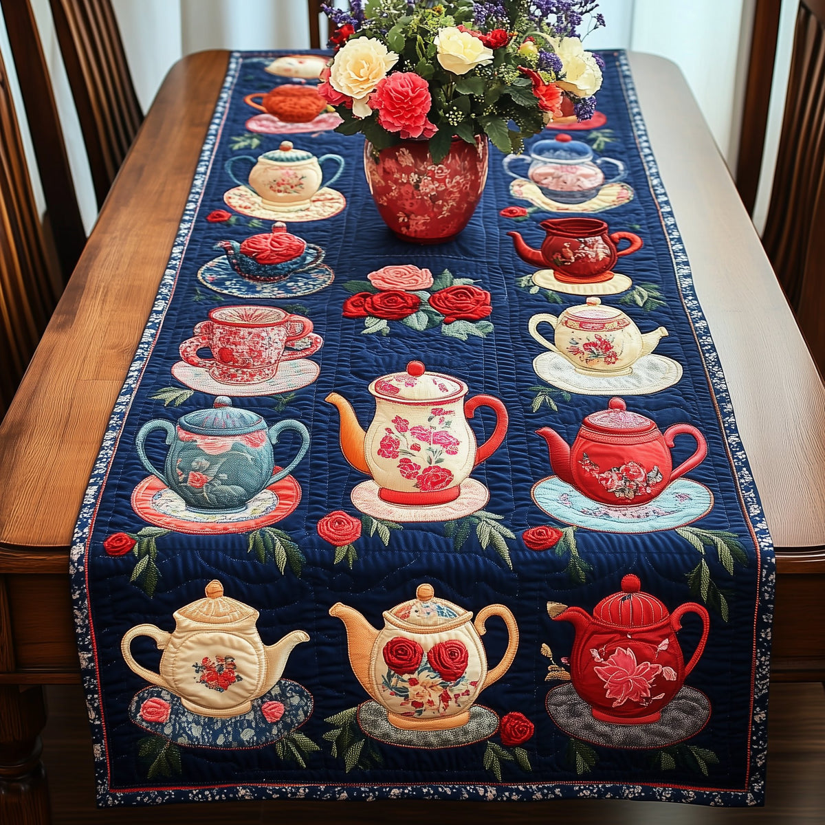 Teapots and Cups on Navy Table Runner