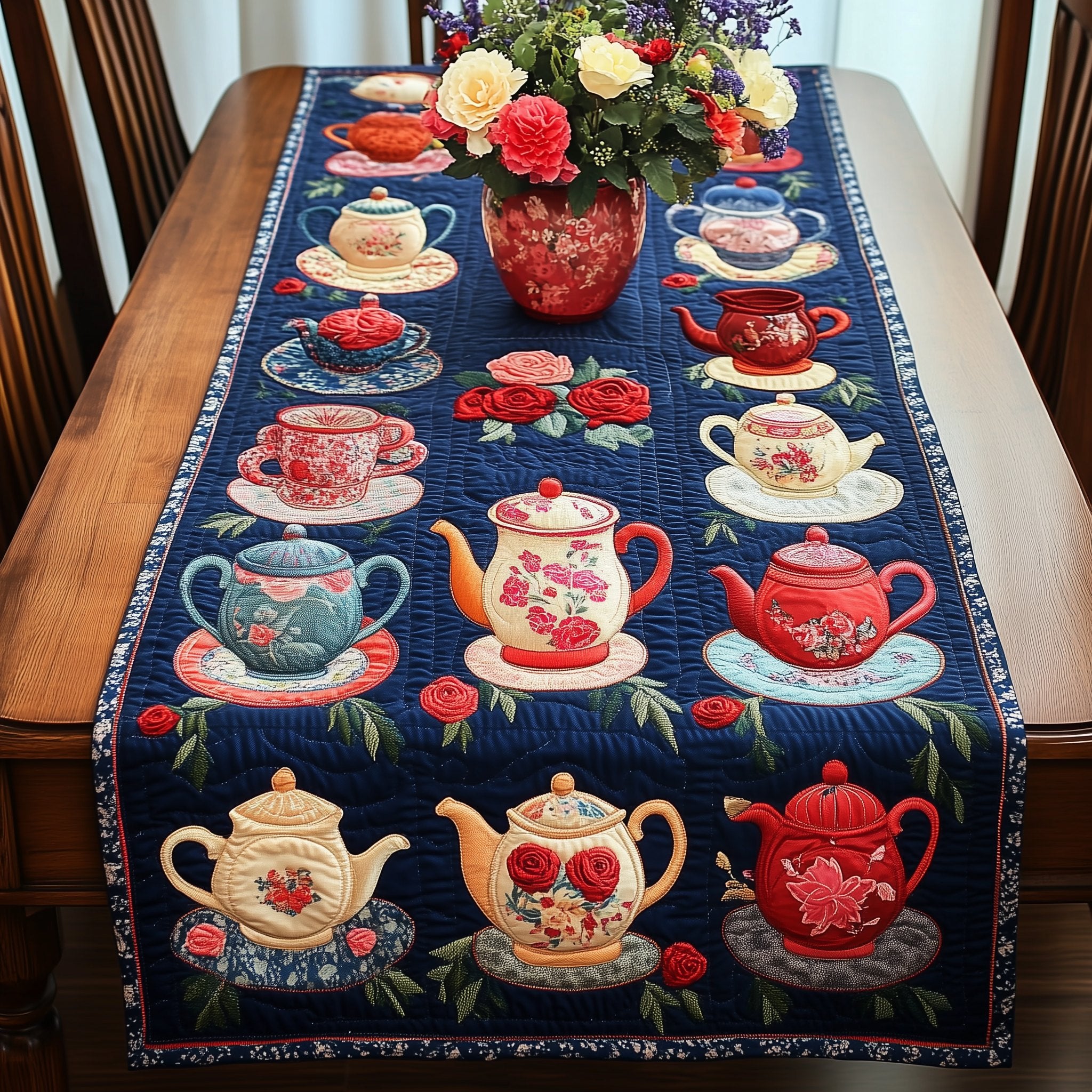 Teapots and Cups on Navy Table Runner