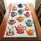 Colorful Teapots on Cream Table Runner