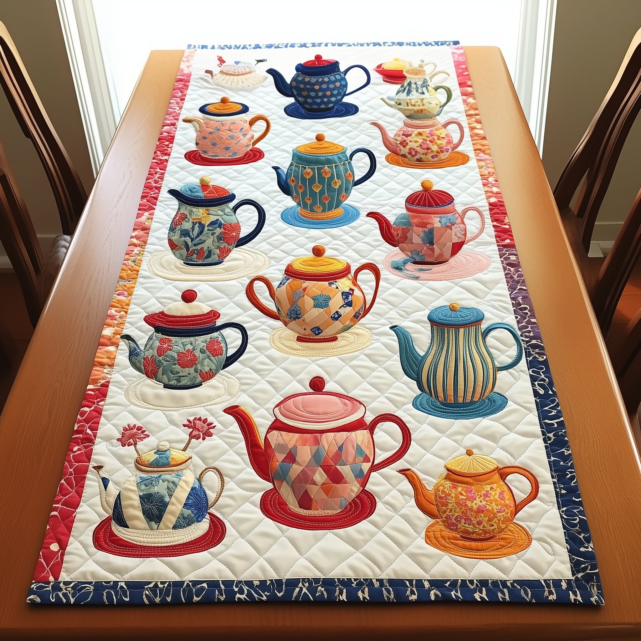 Colorful Teapots on Cream Table Runner