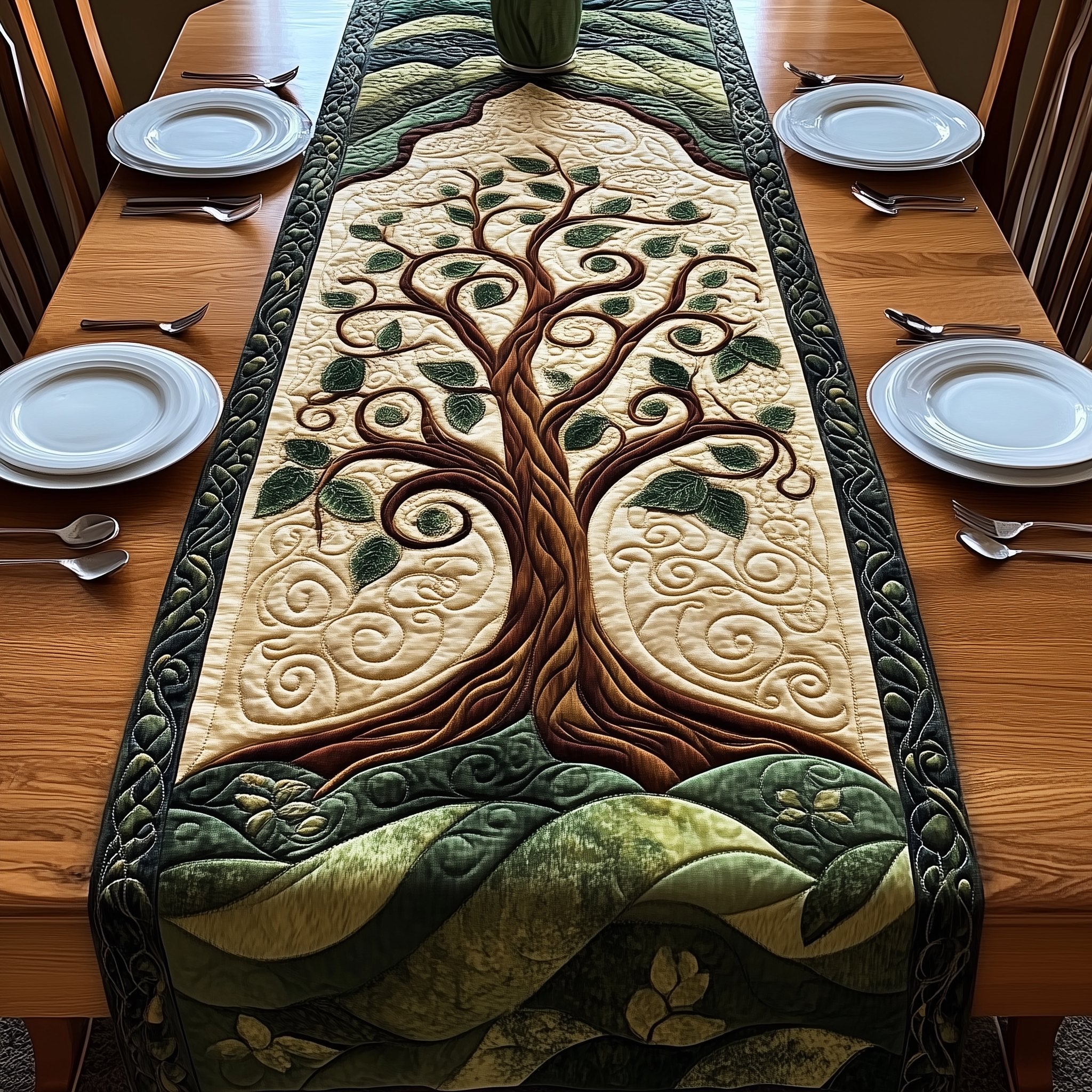 Brown Tree with Green Leaves Table Runner