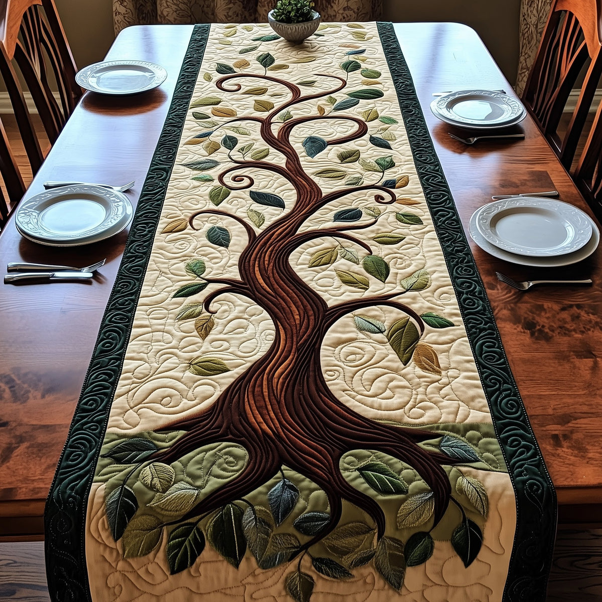 Swirled Tree on Cream Panel Table Runner