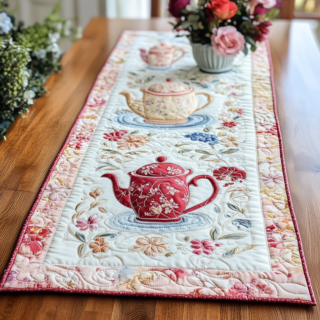 Red Teapot on Pale Blue Table Runner