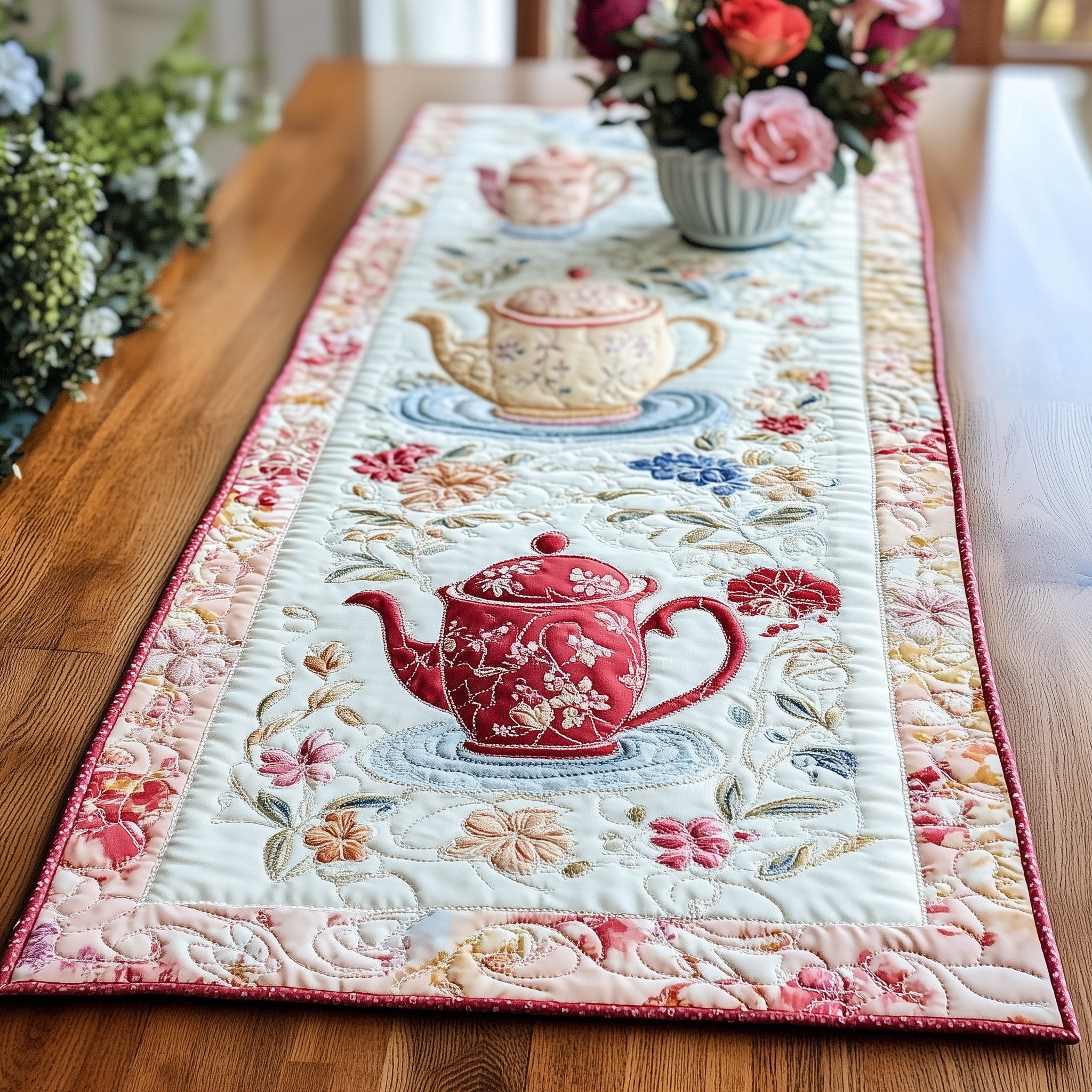Red Teapot on Pale Blue Table Runner