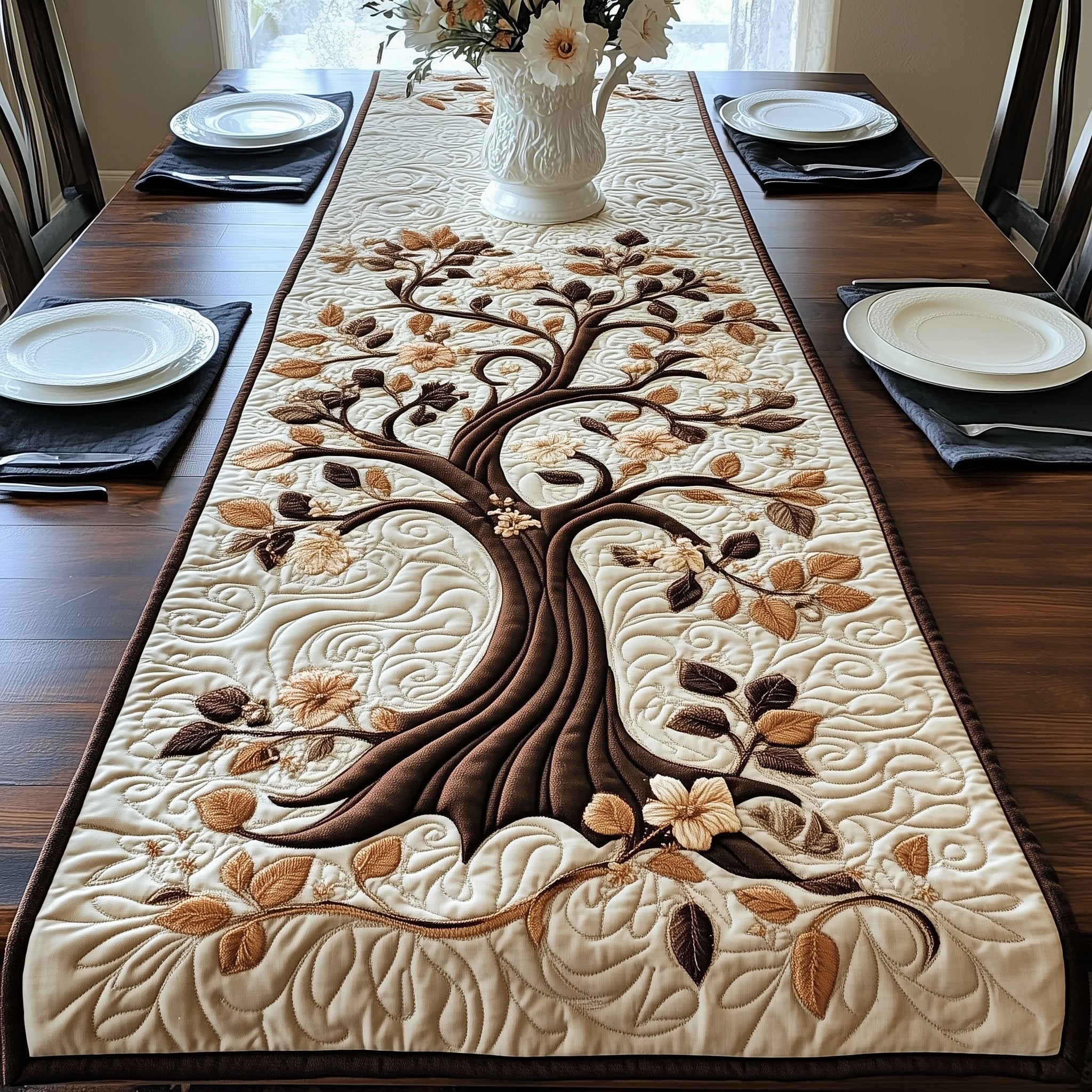 Brown Tree with Cream Blossoms Table Runner